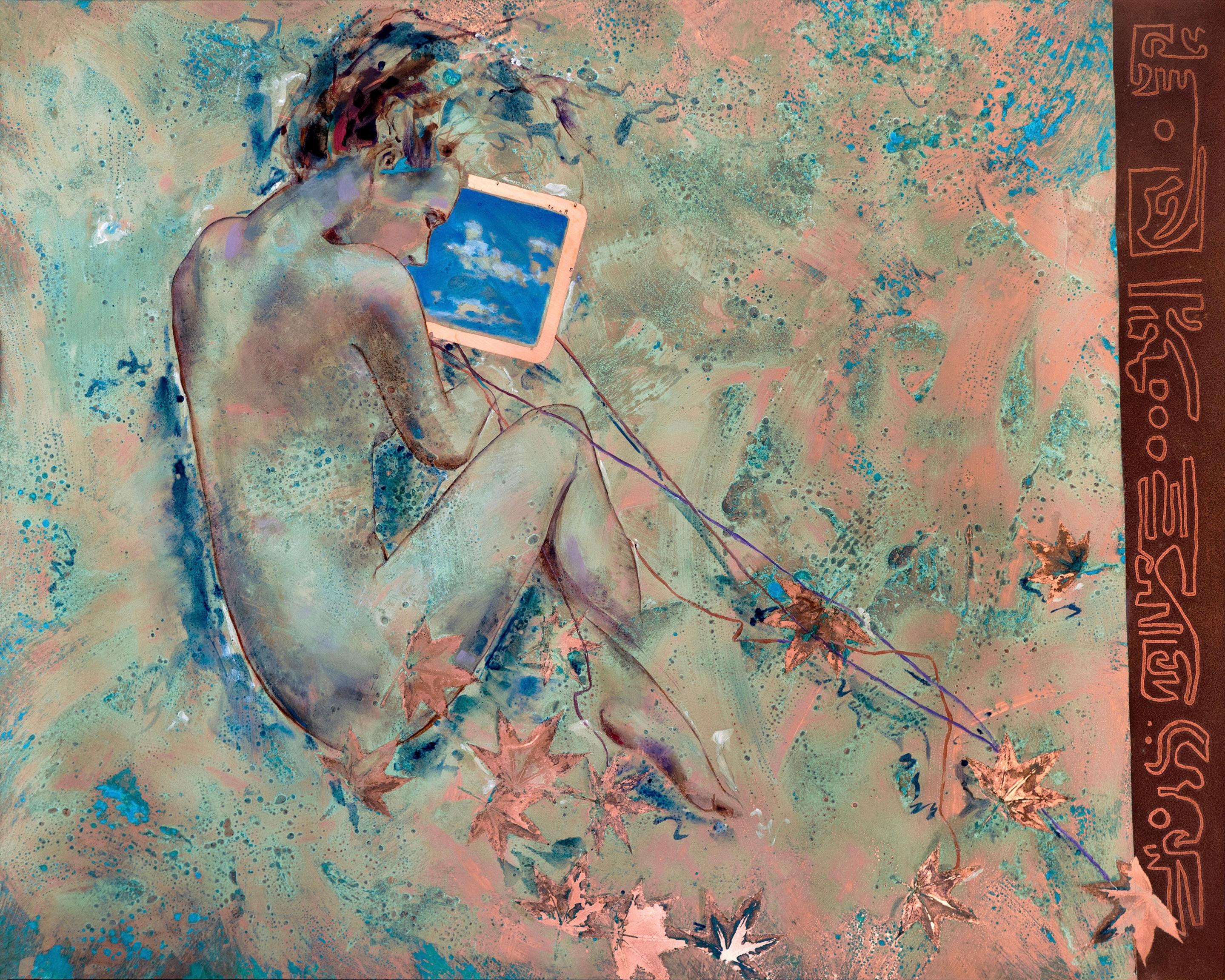 Richard Hawk Abstract Painting - "Skies Remembered" Oil painting on Copper   Female Nude blue oxidized patina