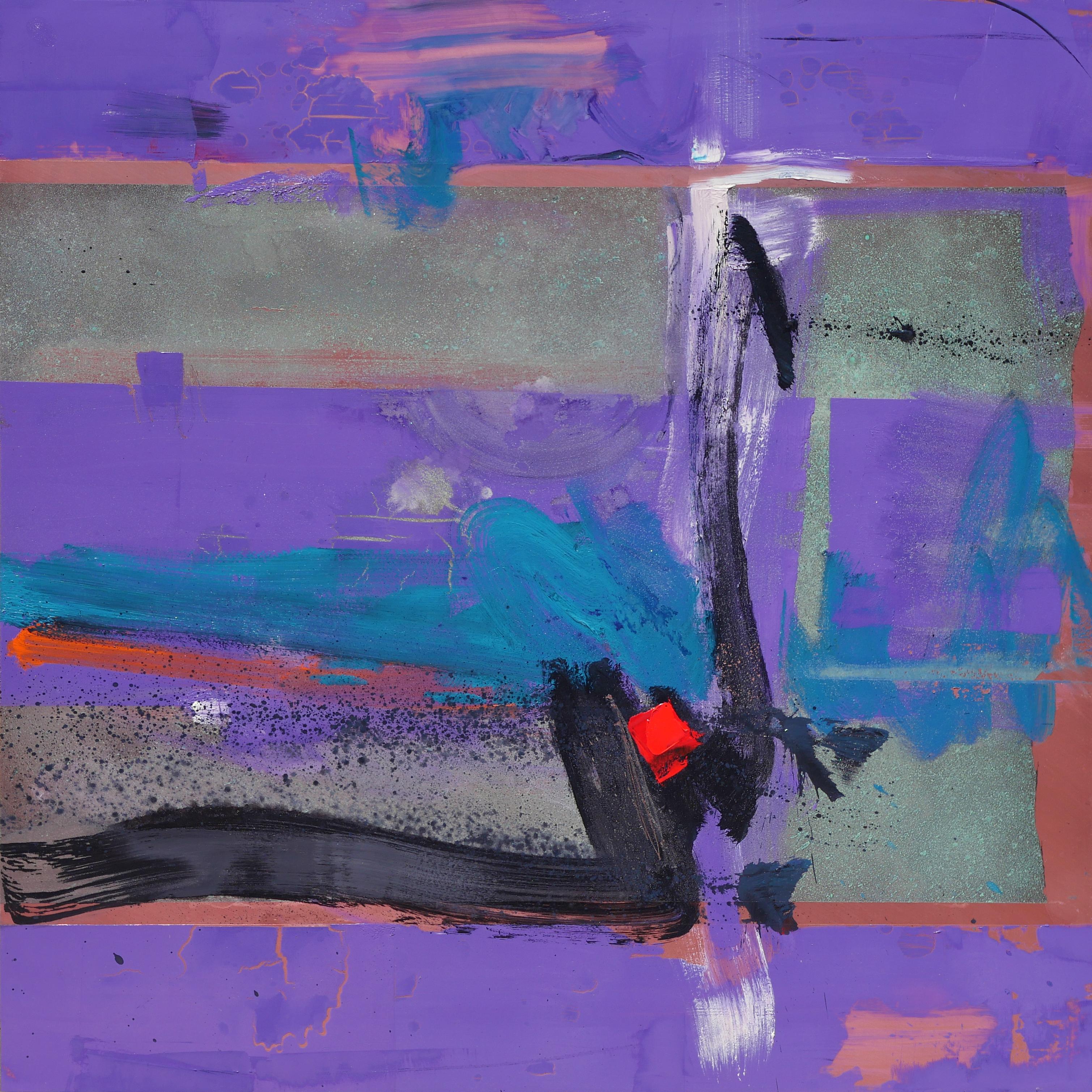 “Strata Various” Oil on Copper - abstract purple red blue black oxidized patina - Painting by Richard Hawk
