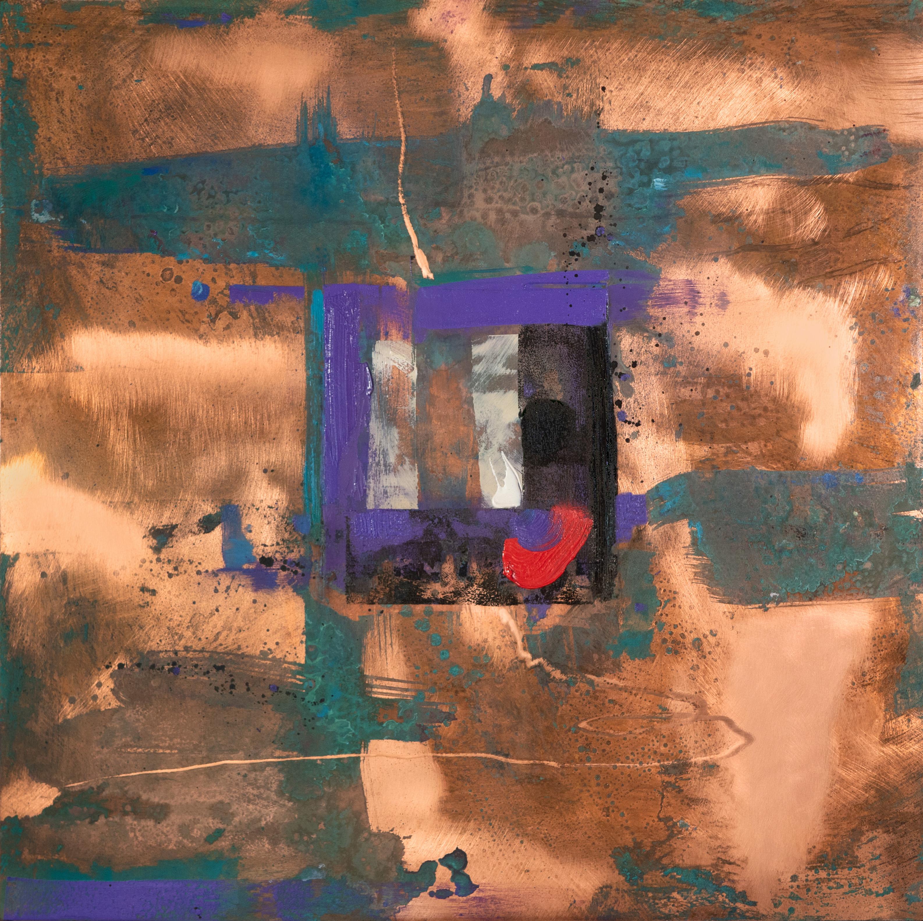 Richard Hawk Abstract Painting - “Wanderlust” Oil painting on Copper - Abstract blue red black oxidized patina
