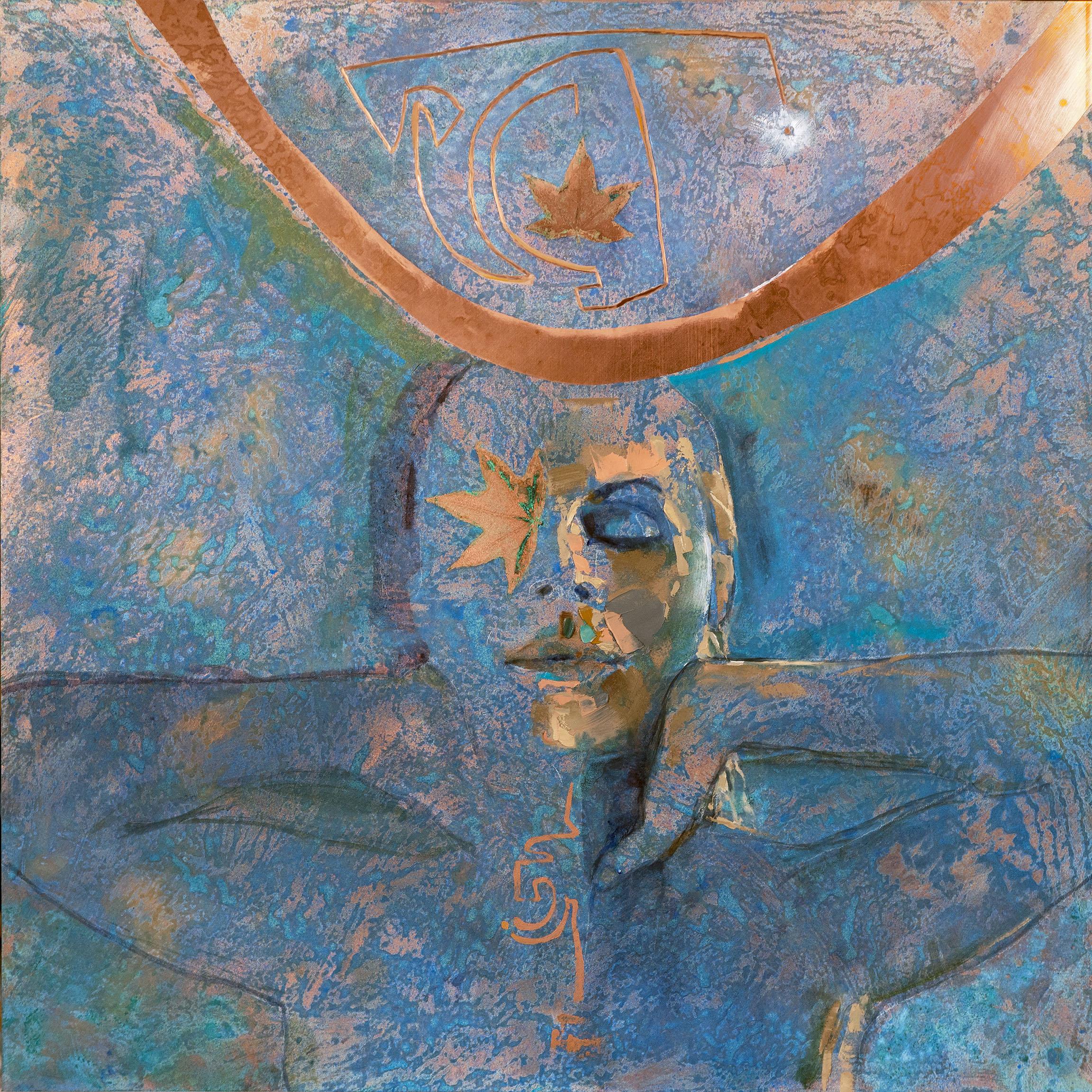 "Volontà" - Olio su rame   Ritratto figurativo femminile patina blu a struttura ossidata - Painting di Richard Hawk