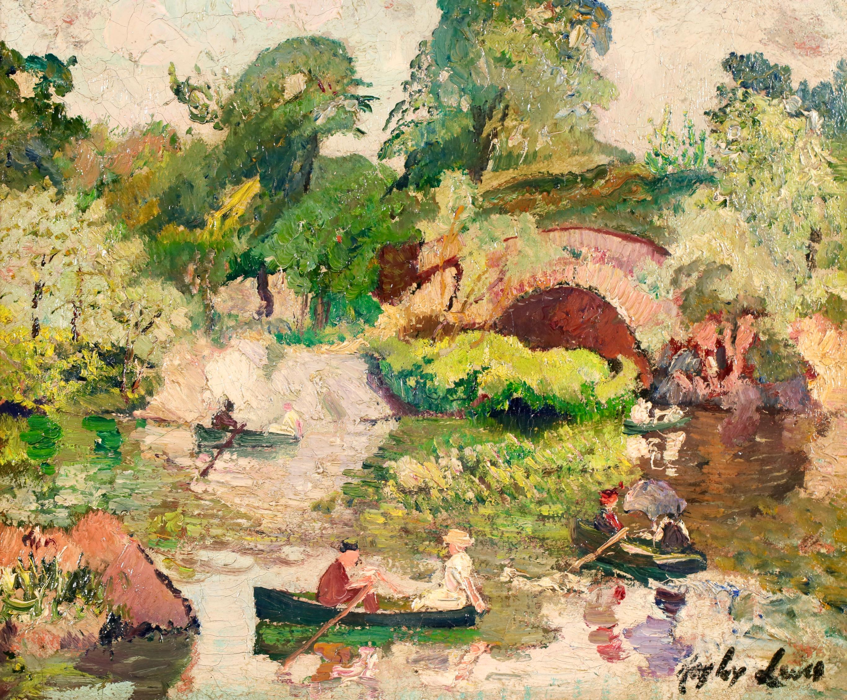 Boating at Central Park - Impressionist Landscape Oil by Richard Hayley Lever For Sale 1