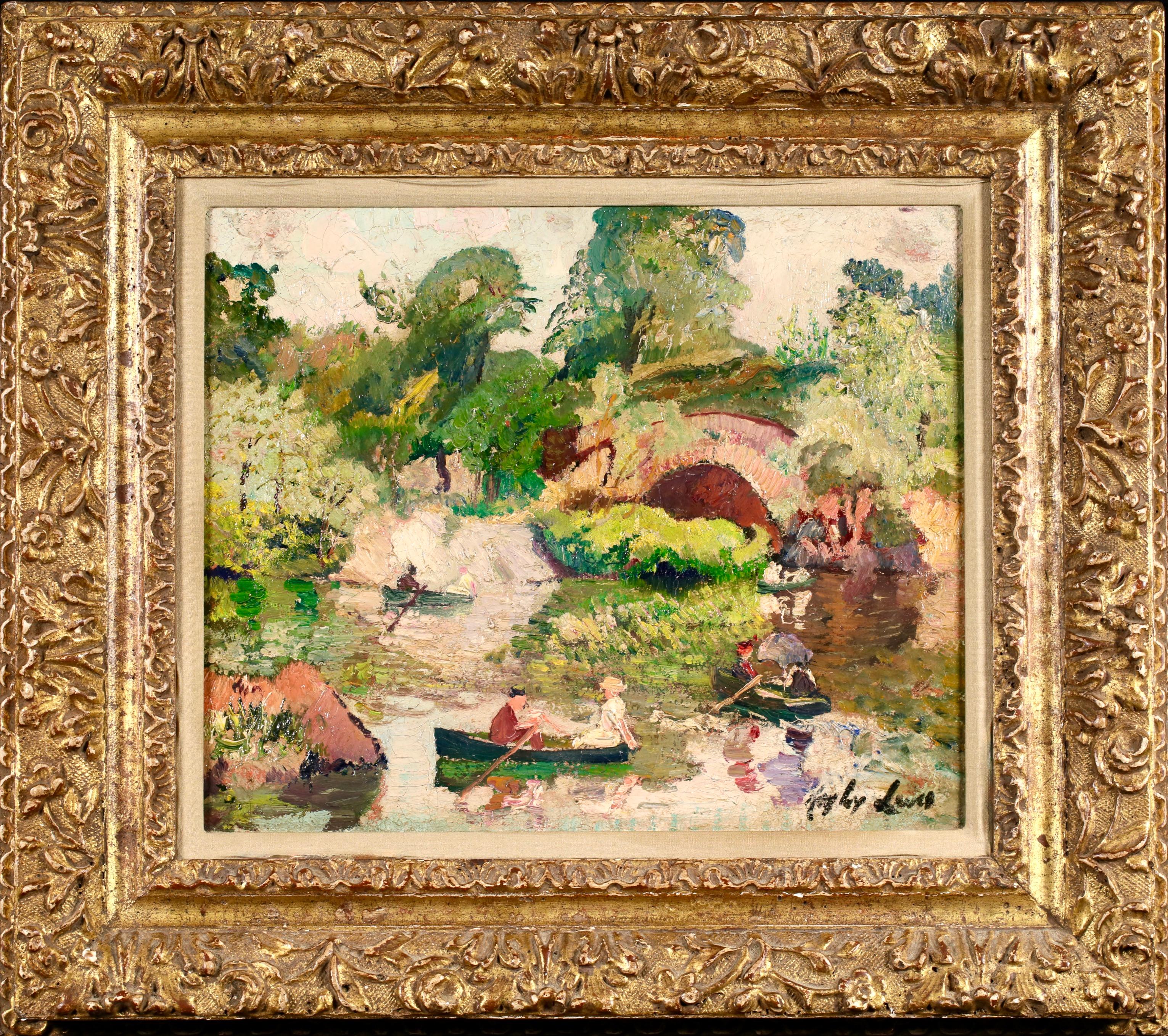 Signed figures in landscape oil on canvas circa 1914 by Australian-American impressionist painter Richard Hayley Lever. The work depicts a view of the lake in Central Park in New York, USA. Couples enjoying rowing boats on a sunny day in the