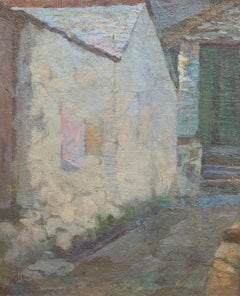 Early evening twilight Impressionist landscape scene of a Cornish Village oil.