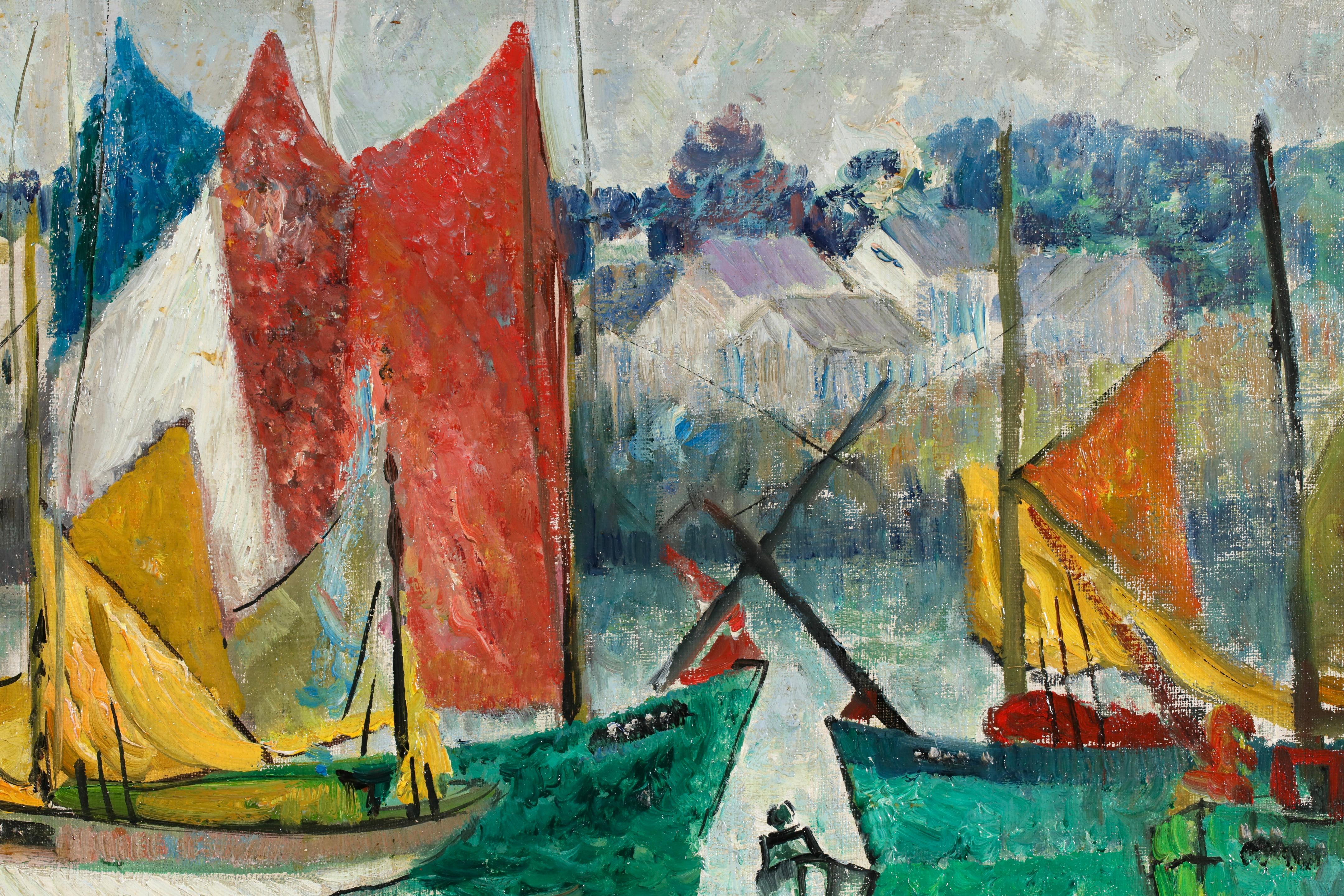Porto di St. Ives - Paesaggio marino con figure impressioniste, olio di Richard Hayley Lever in vendita 1