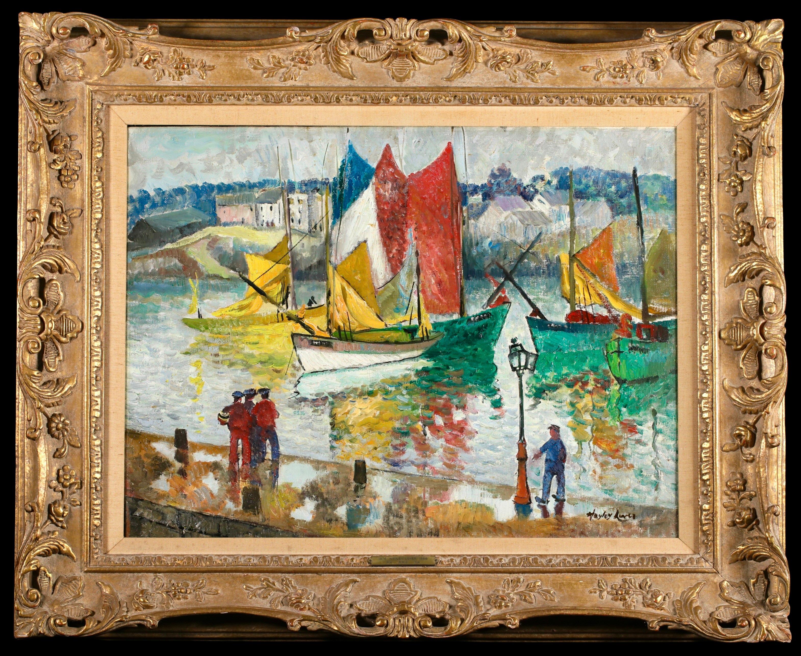 Figure firmate in un paesaggio olio su tavola del pittore impressionista australiano-americano Richard Hayley Lever. L'opera raffigura barche a vela dai colori vivaci nel porto di St Ives in Cornovaglia.

Firma:
Firmato in basso a