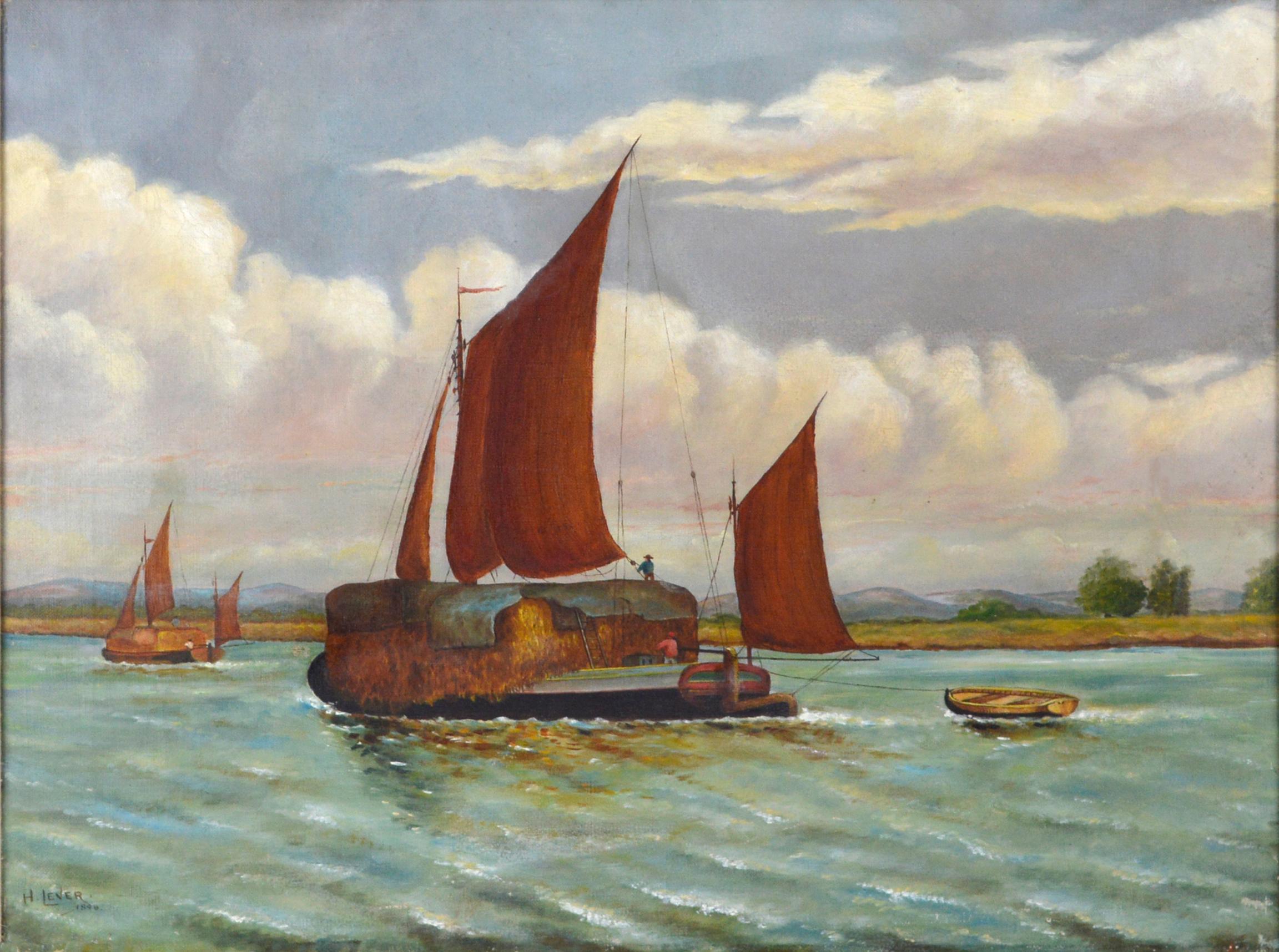 « Straw Barge » sur la Tamise (d'après) Edward Duncan Huile sur lin 1898 - Painting de Richard Hayley Lever