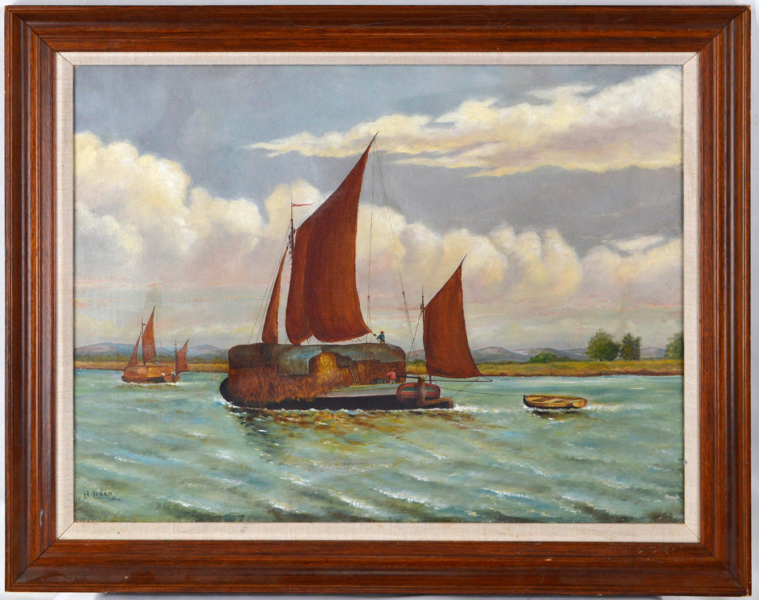 Richard Hayley Lever Landscape Painting - "Straw Barge" on the Thames (after) Edward Duncan Oil on Linen 1898