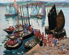 Unloading the catch - Impressionist Figures Seascape Oil by Richard Hayley Lever