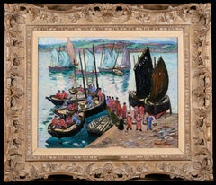Descargando la pesca - Figuras impresionistas Paisaje marino Óleo de Richard Hayley Lever