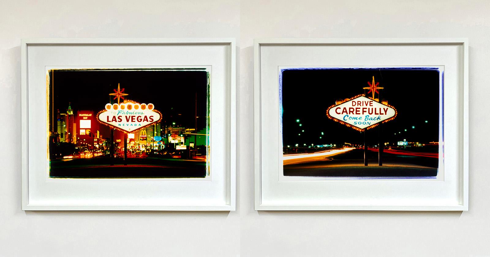 Arriving and Leaving Las Vegas, two framed American sign photographs.
From Richard Heeps' 'Dream in Colour' series, this artwork captures a classic American neon Googie sign, with the famous Vegas cityscape in the background.  

Each framed artwork