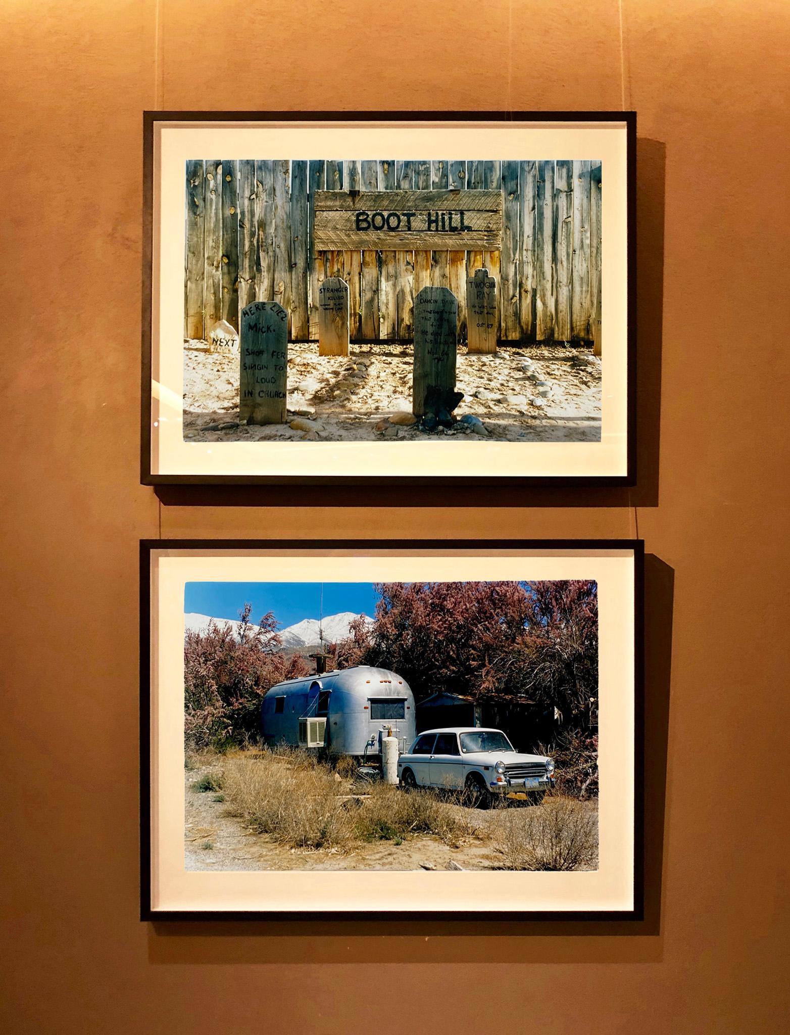 This cinematic Californian road trip artwork shows a classic British Austin Morris 1100 car, attached to an iconic American Airstream RV. Photographed in Keeler by Richard Heeps, for his 'Dream in Colour' series.

This artwork is a limited edition
