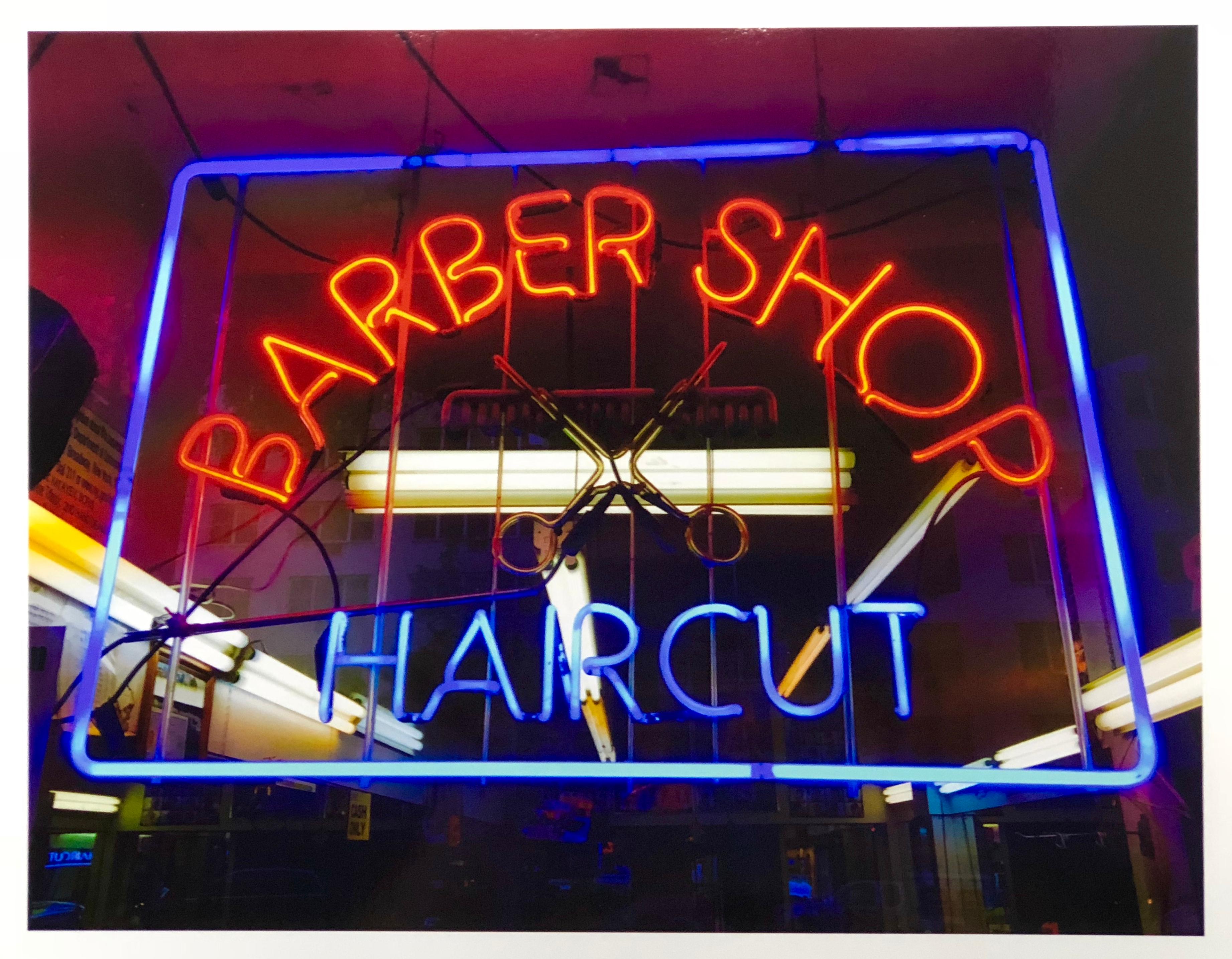 Richard Heeps Color Photograph - Barber Shop, New York - Neon Color Street Photography