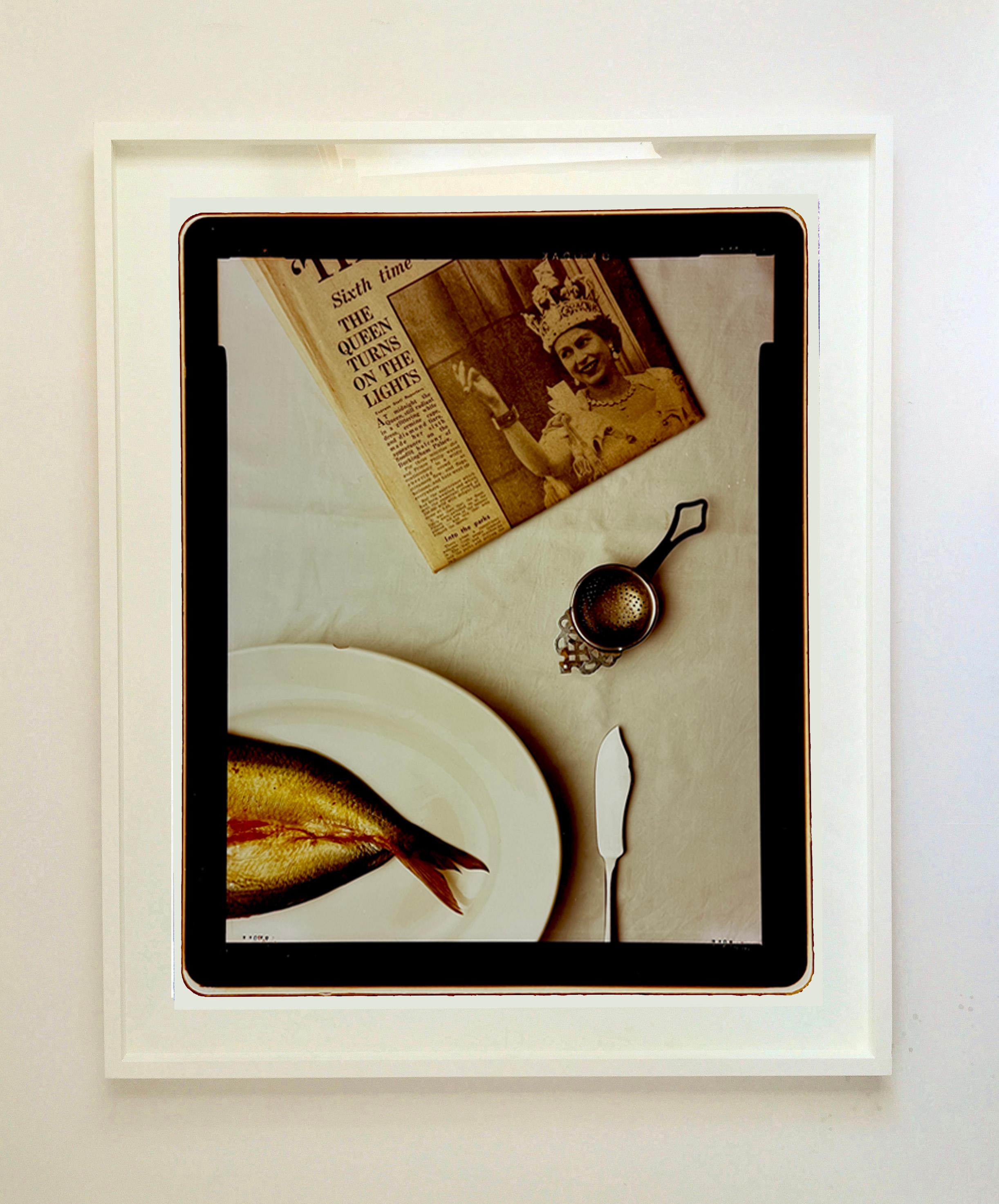 Breakfast Table, is a rare studio creation by Richard Heeps, inspired by a recent visit to Fleetwood, incorporating autobiographical elements, brought in to create a simple still life on the subject of food. Taken using a 5x4 camera in 1987, printed