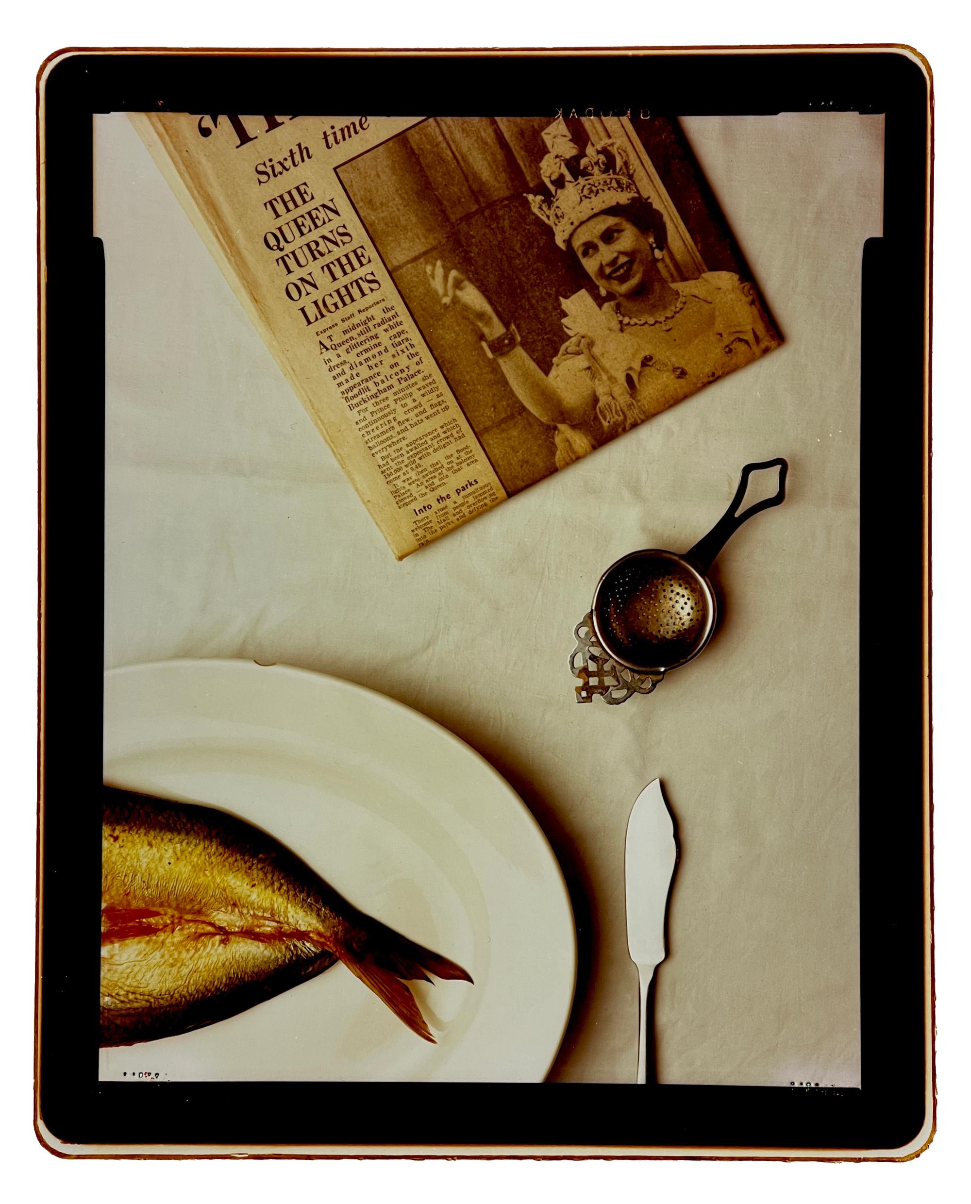Breakfast Table, is a rare studio creation by Richard Heeps, inspired by a recent visit to Fleetwood, incorporating autobiographical elements, brought in to create a simple still life on the subject of food. Taken using a 5x4 camera in 1987, printed