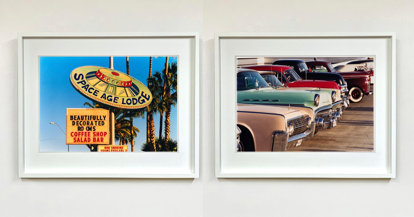 'Cars', photograph from Richard Heeps 'Man's Ruin' Series, featuring vintage classic American cars in the Las Vegas evening sun, with delicious pastel colours.

This artwork is a limited edition of 25 gloss photographic print, dry-mounted to