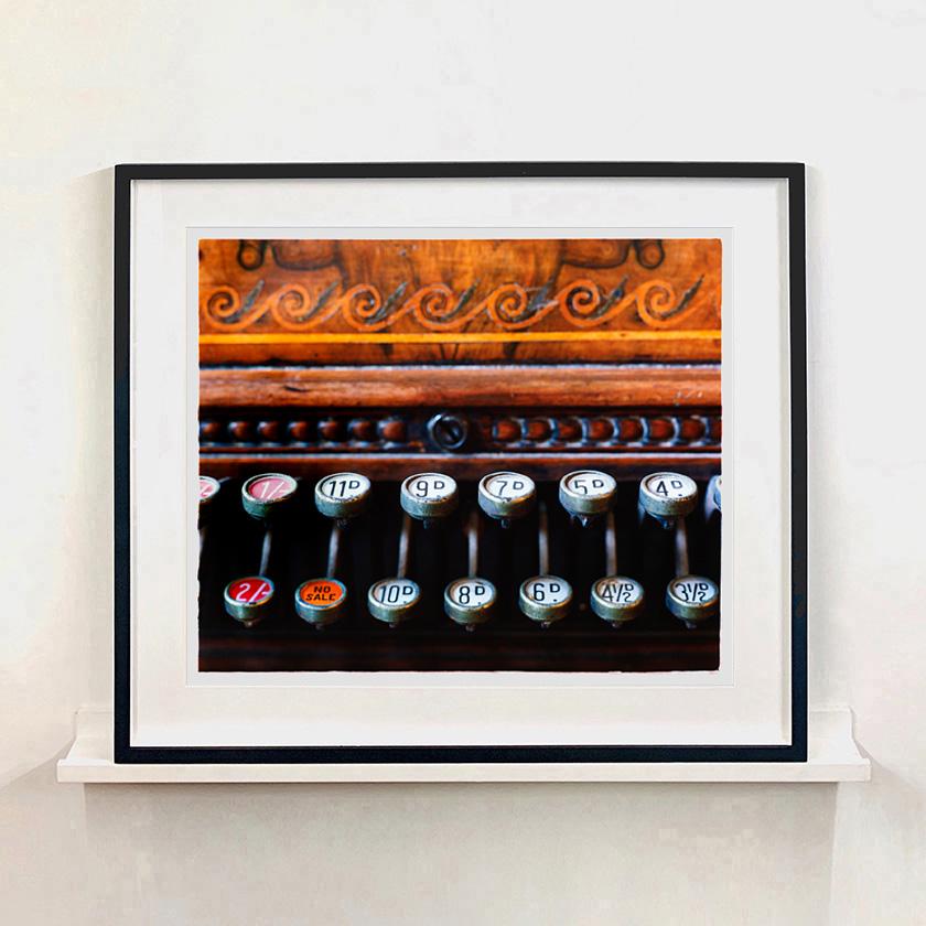 Cash Register, Stockton-on-Tees - Vintage carved wood register color photography - Contemporary Photograph by Richard Heeps
