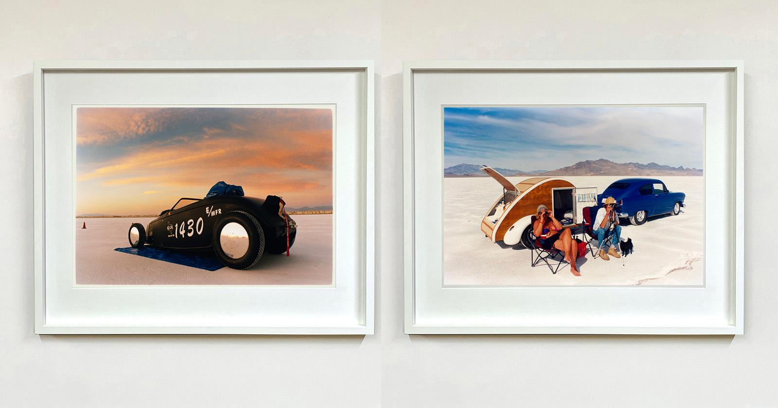 'Christine's '52 Henry J & teardrop' was captured in Bonneville Salt Flats, Utah, the iconic home of speed. This photograph captures the mountains in the distance meeting and contrasting with the flatness of the salt pan, whilst a pair of retro