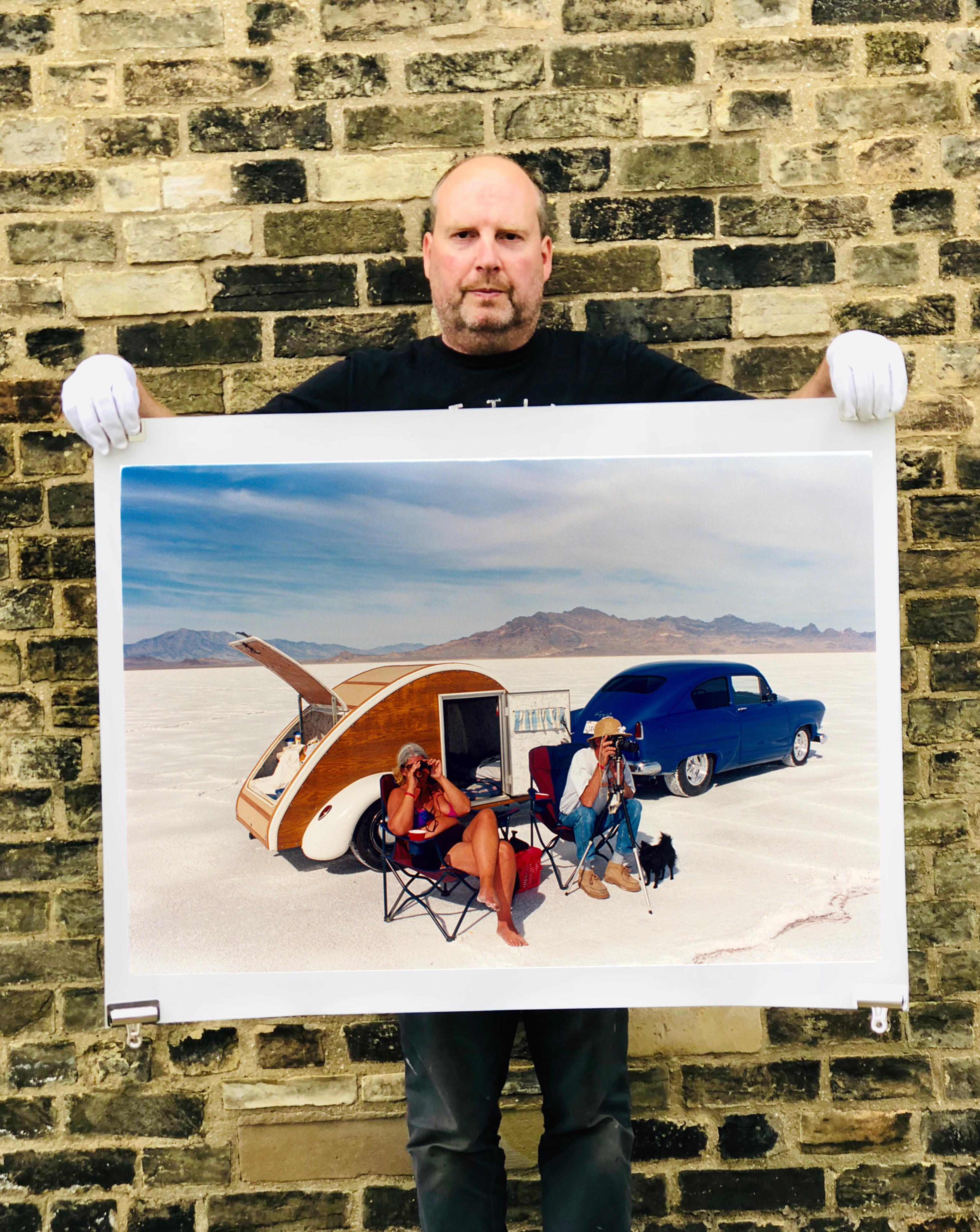 Christine's '52 Henry J & Teardrop Caravan, Bonneville, Utah - Color photography - Gray Color Photograph by Richard Heeps