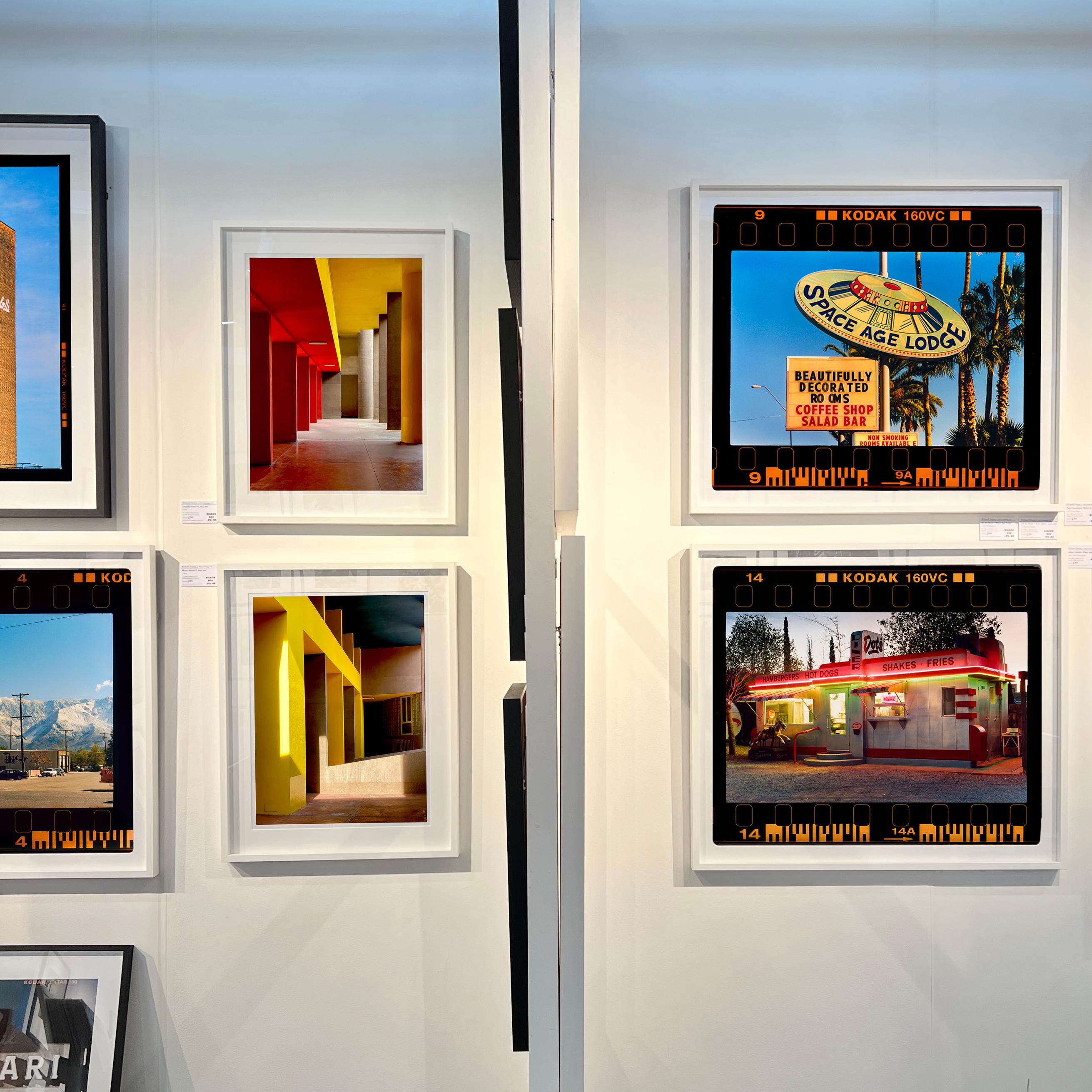 On the Road, reimagines classic Richard Heeps artworks presented with full film rebate almost like a blown up contact sheet. 
'Dot's Diner', photograph from Richard Heeps' 'Dream in Colour' series, featuring a classic American Diner in Bisbee,