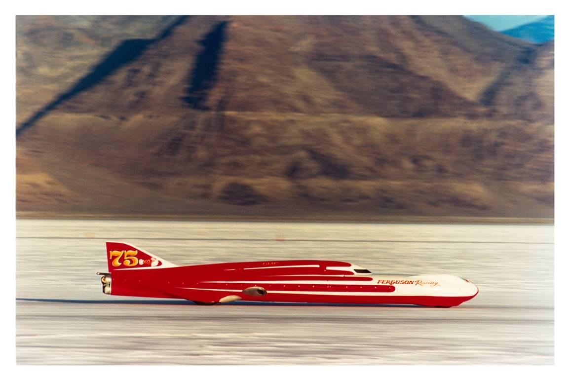 Richard Heeps Landscape Photograph - Ferguson Racing Streamliner, Bonneville, Utah - Car in Landscape Color Photo