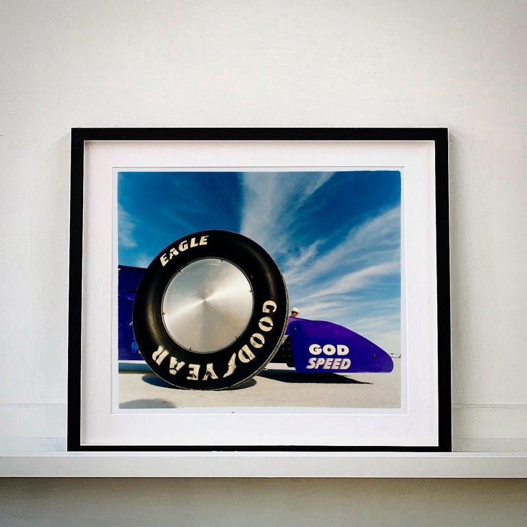 God Speed - Good Year, Bonneville, Utah - Car in Landscape Color Photography - Blue Landscape Photograph by Richard Heeps