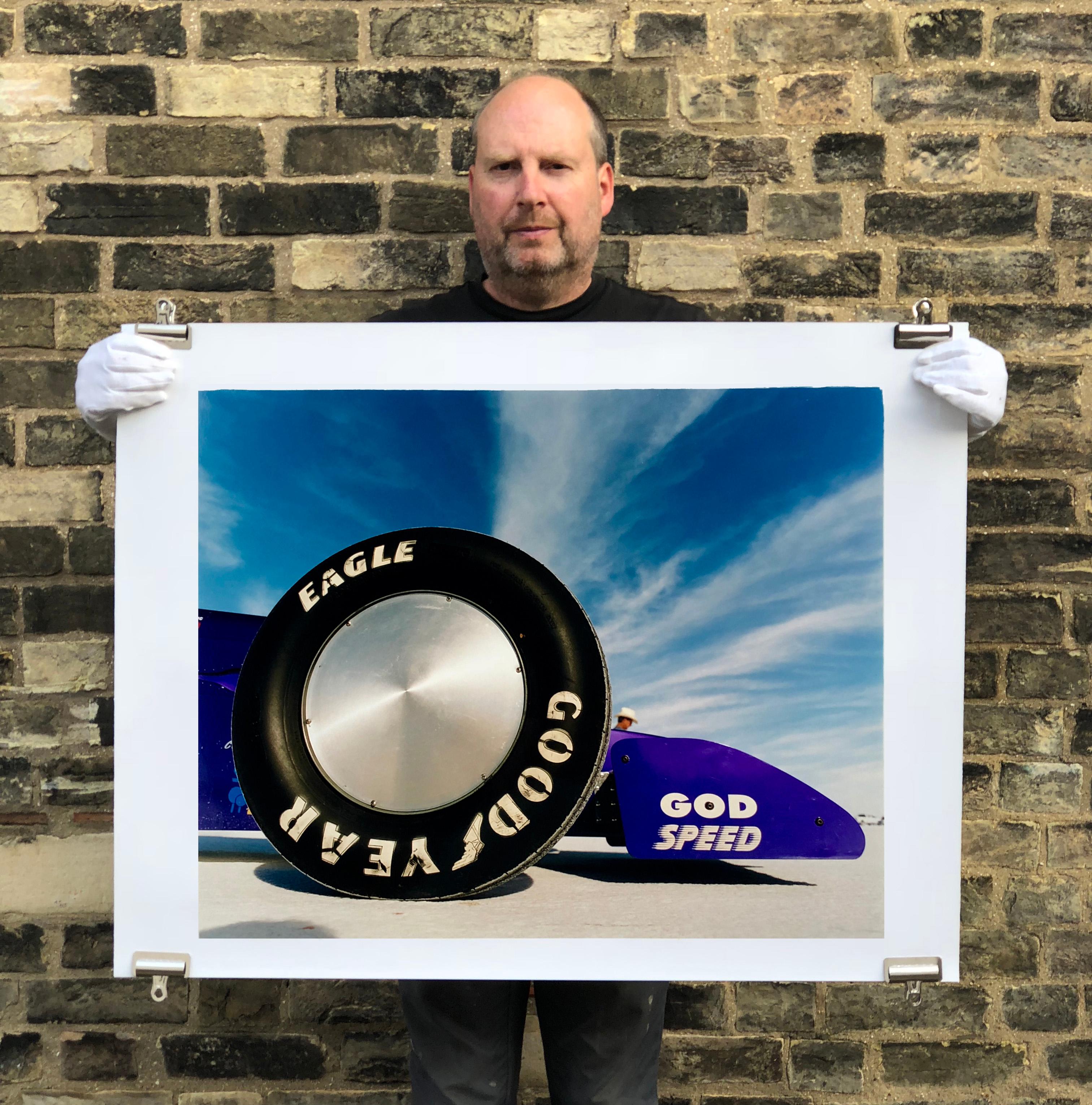 God Speed - Good Year, Bonneville, Utah - Photographie couleur « Car in Landscape » - Bleu Color Photograph par Richard Heeps