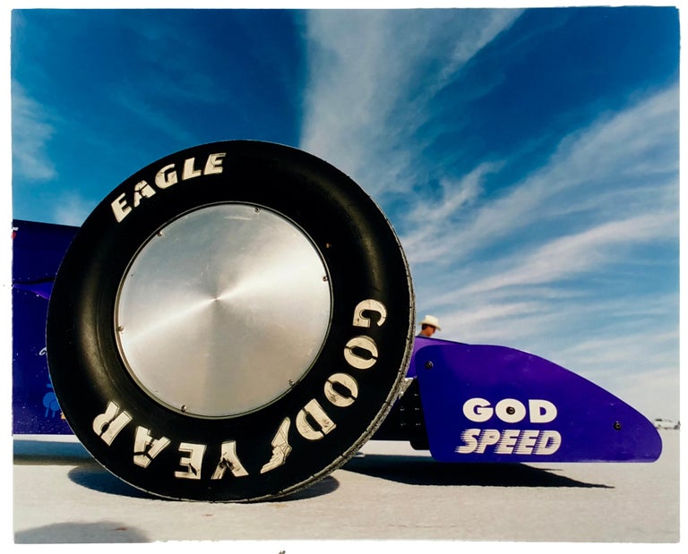 Richard Heeps Landscape Photograph - God Speed - Good Year, Bonneville, Utah - Car in Landscape Color Photography