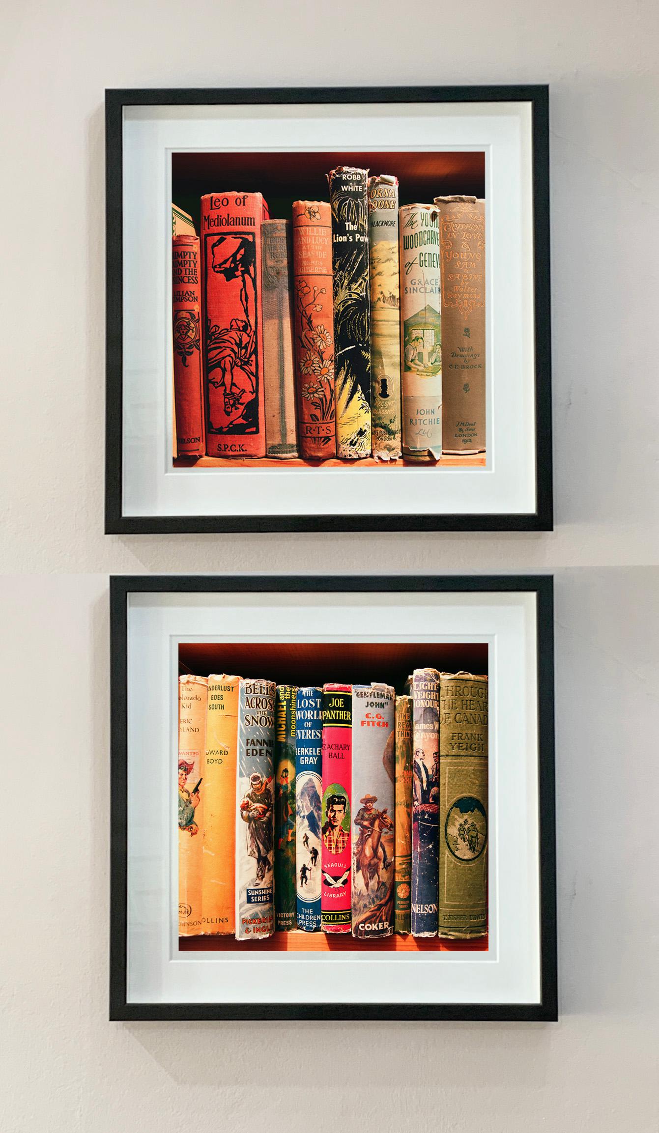 Humpty Dumpty and the Princess, présente une collection de dos de livres anciens sur une étagère, dans une photographie de Richard Heeps tirée de sa série In The Treasure Trove. Pris dans une librairie d'occasion dans le Norfolk, le motif linéaire