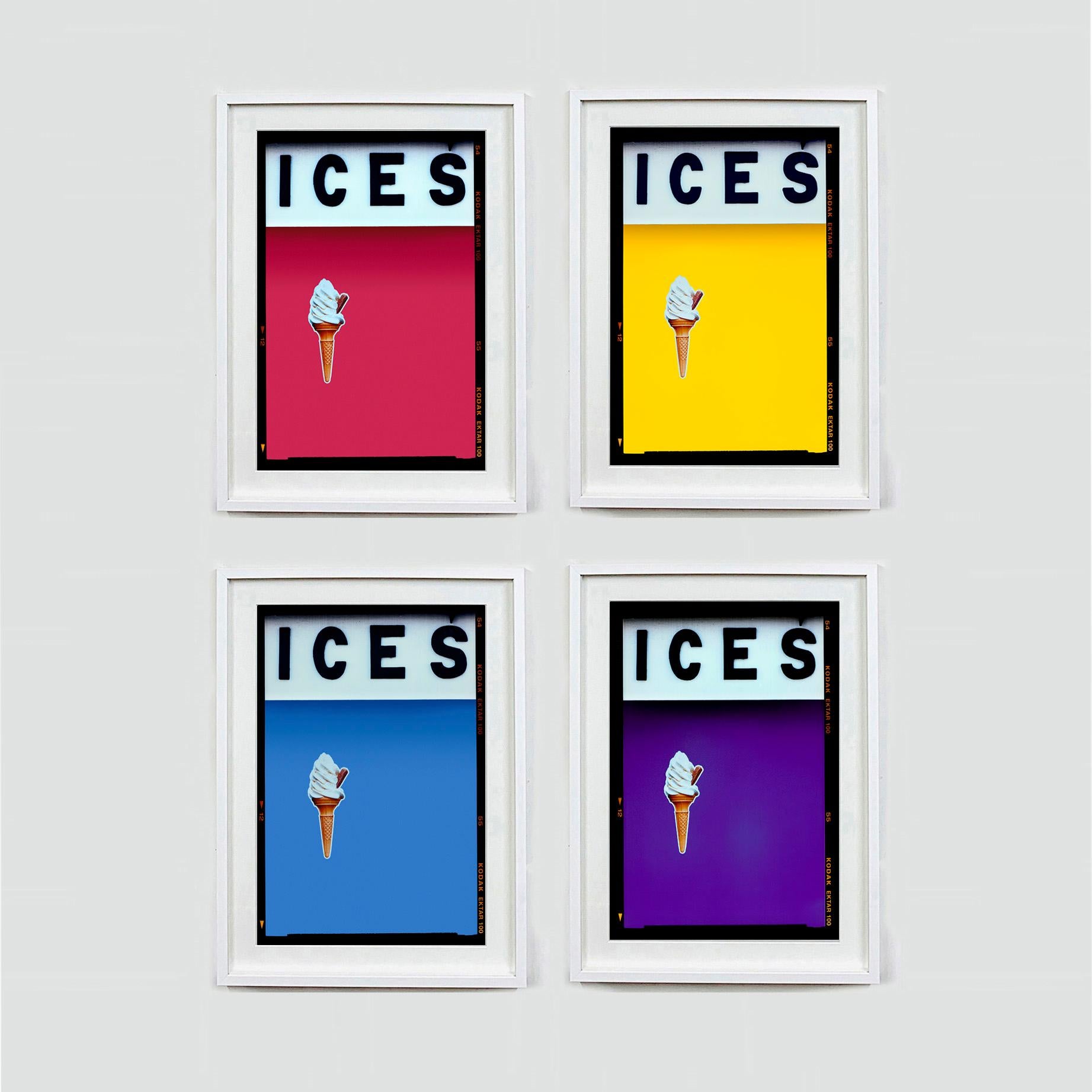 ICES, by Richard Heeps, photographed at the British Seaside at the end of summer 2020. This artwork is about evoking memories of the simple joy of days by the beach. The baby blue color blocking, typography and the surreal twist of the suspended ice