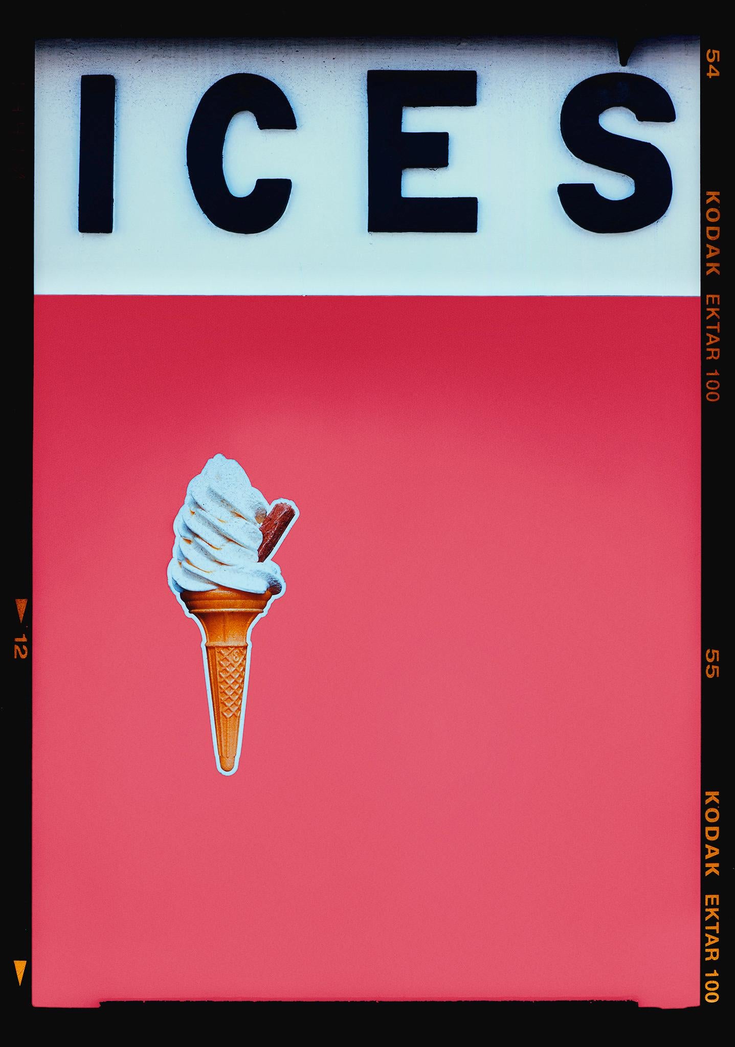 ICES Coral Pink and Baby Blue, bold colour blocking pop art street photography from Richard Heeps series, On-Sea.
Created as an ode to childhood visits to grandparents living on the Sussex coast, the artwork tells the story of the simple joys of the