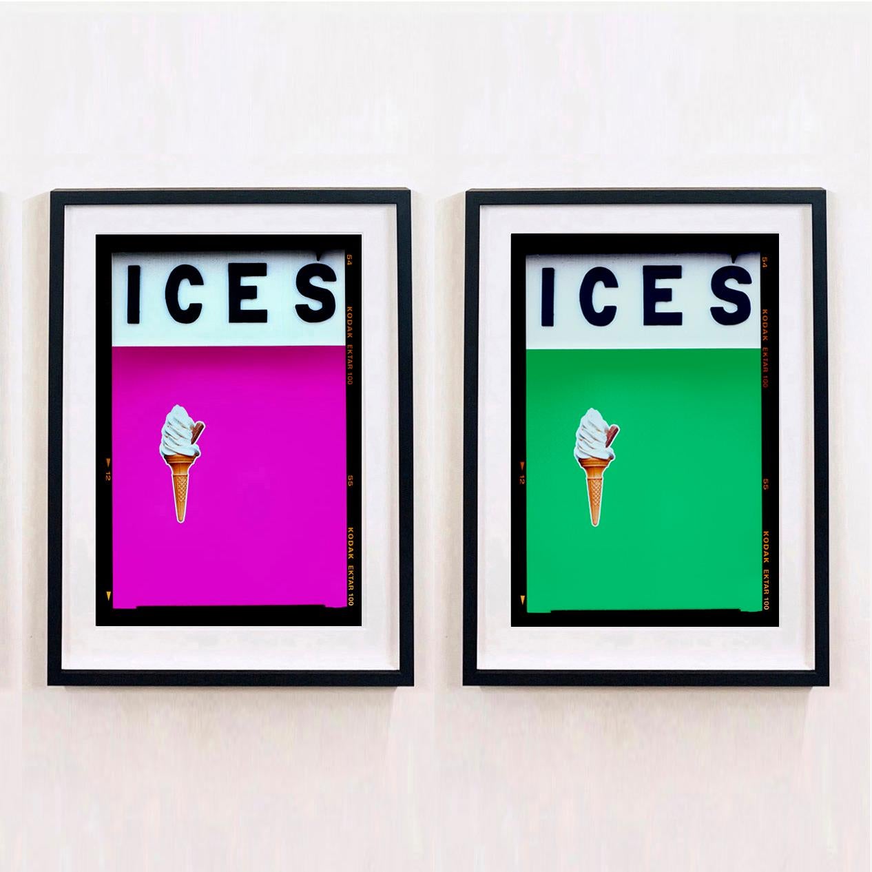 ICES, by Richard Heeps, photographed at the British Seaside at the end of summer 2020. This artwork is about evoking memories of the simple joy of days by the beach. The green color blocking, typography and the surreal twist of the suspended ice