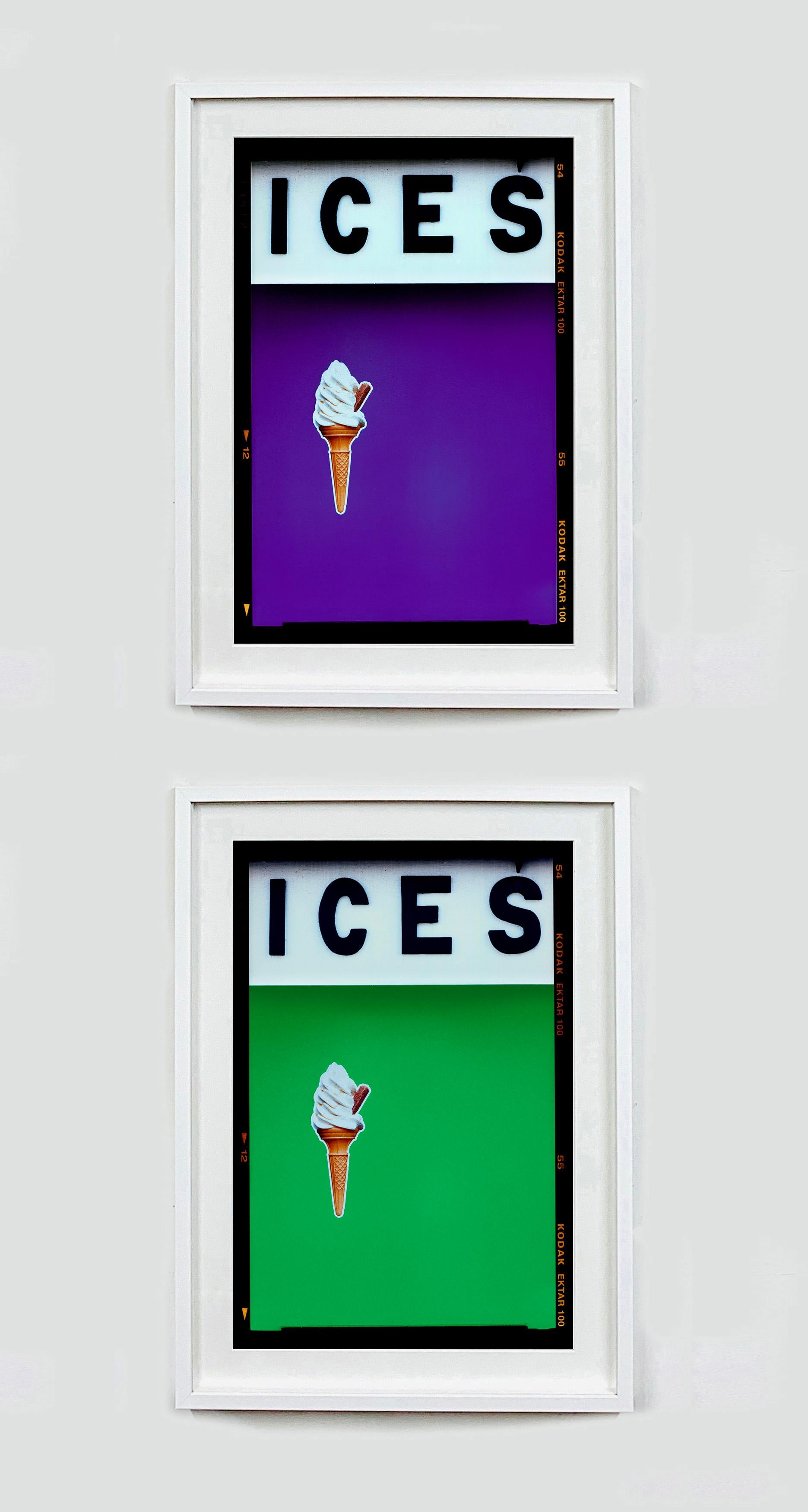 ICES, by Richard Heeps, photographed at the British Seaside at the end of summer 2020. This artwork is about evoking memories of the simple joy of days by the beach. The green color blocking, typography and the surreal twist of the suspended ice