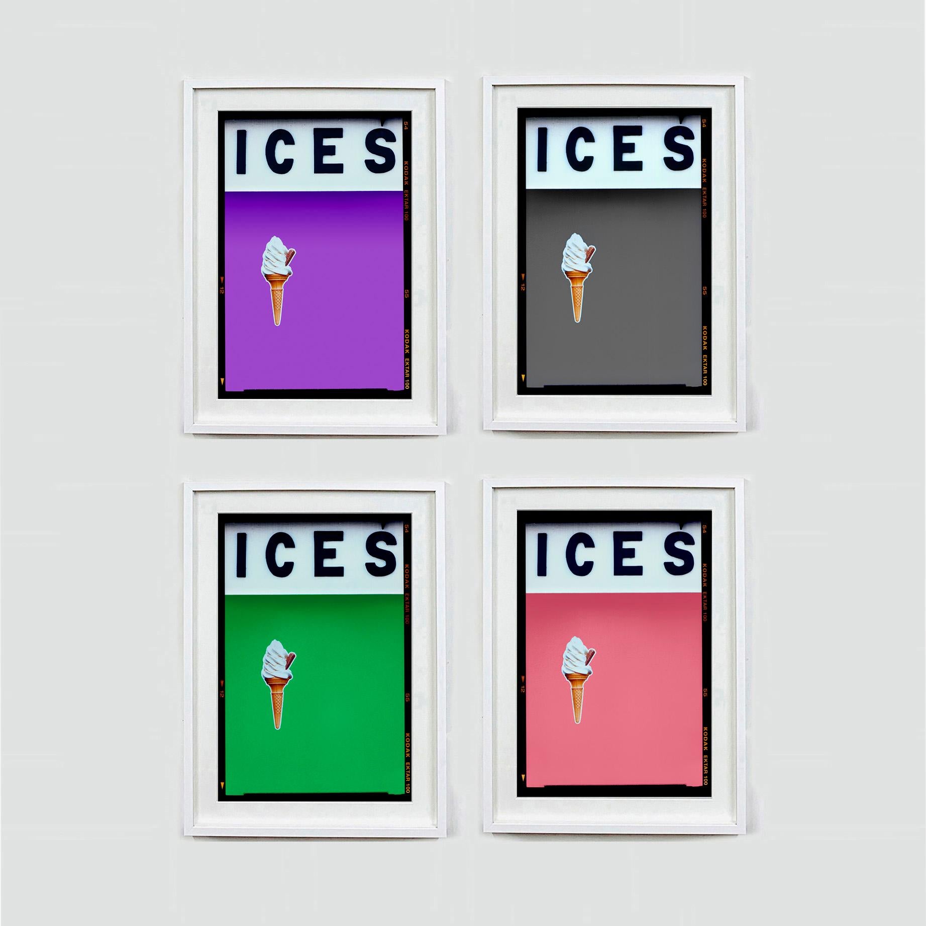 ICES, by Richard Heeps, photographed at the British Seaside at the end of summer 2020. This artwork is about evoking memories of the simple joy of days by the beach. The monochrome grey color blocking, typography and the surreal twist of the