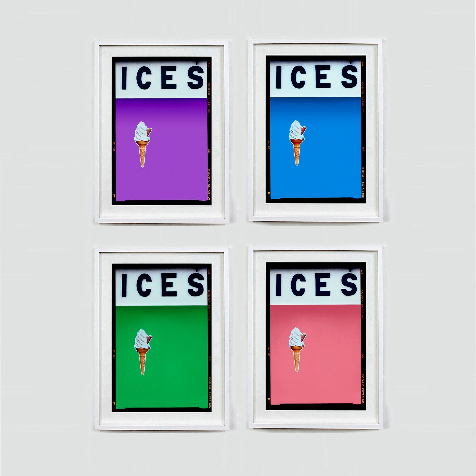 ICES, by Richard Heeps, photographed at the British Seaside at the end of summer 2020. This artwork is about evoking memories of the simple joy of days by the beach. The lilac purple color blocking, typography and the surreal twist of the suspended