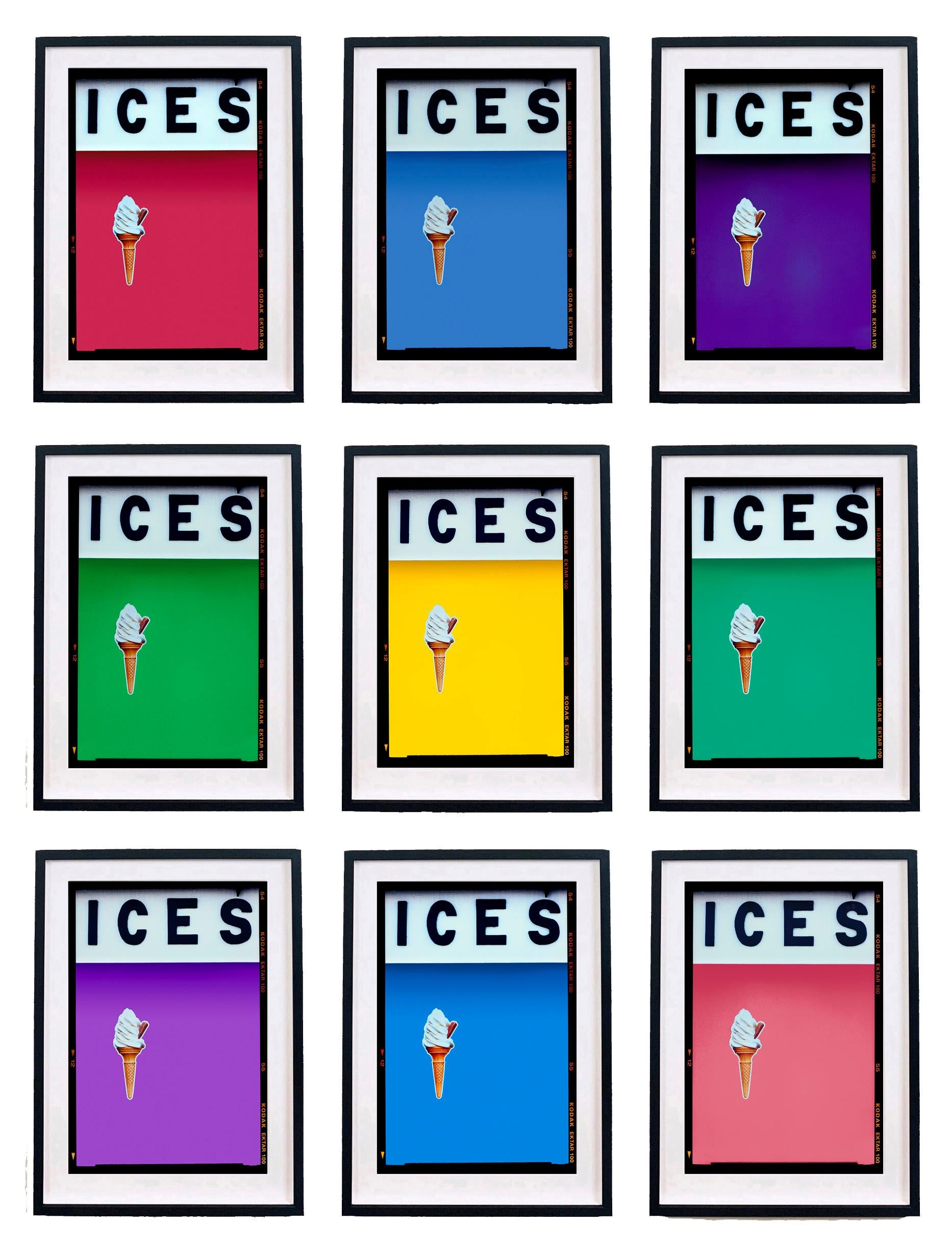 ICES, by Richard Heeps, photographed at the British Seaside at the end of summer 2020. This artwork is about evoking memories of the simple joy of days by the beach. The viridian green color blocking, typography and the surreal twist of the