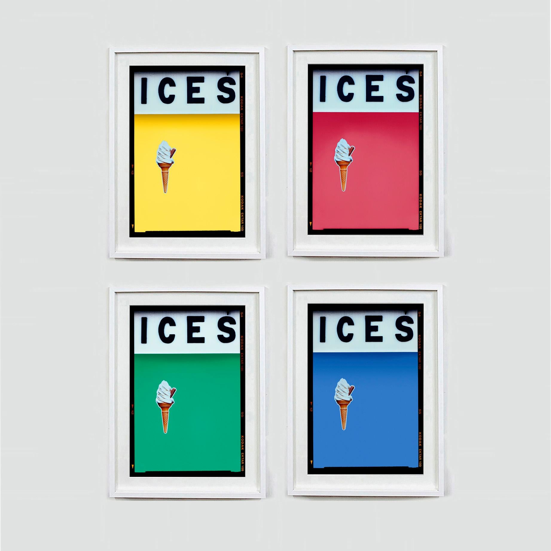 ICES - Four Framed Artworks, Photographs by Richard Heeps. 
Featured here Sherbet Yellow, Coral Pink , Viridian Green, Baby Blue. 
Get in touch to request other sizes or color combinations.

Each artwork measures 27.5" x 21.5" Framed in a Choice of