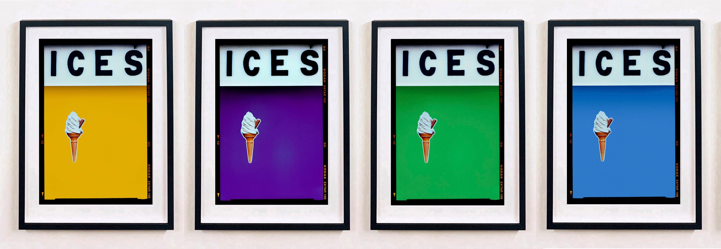 ICES Mustard Yellow, Purple, Green and Baby Blue, bold colour blocking pop art street photography from Richard Heeps series, On-Sea.
Created as an ode to childhood visits to grandparents living on the Sussex coast, the artwork tells the story of the