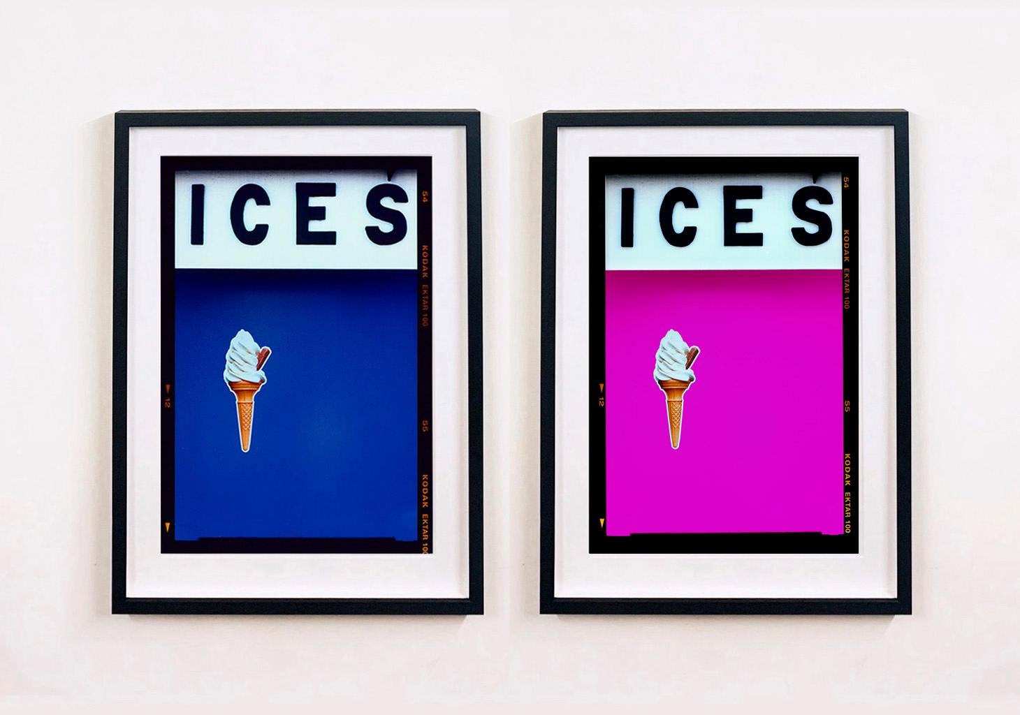 ICES, by Richard Heeps, photographed at the British Seaside at the end of summer 2020. This artwork is about evoking memories of the simple joy of days by the beach. The bold color blocking, typography and the surreal twist of the suspended ice