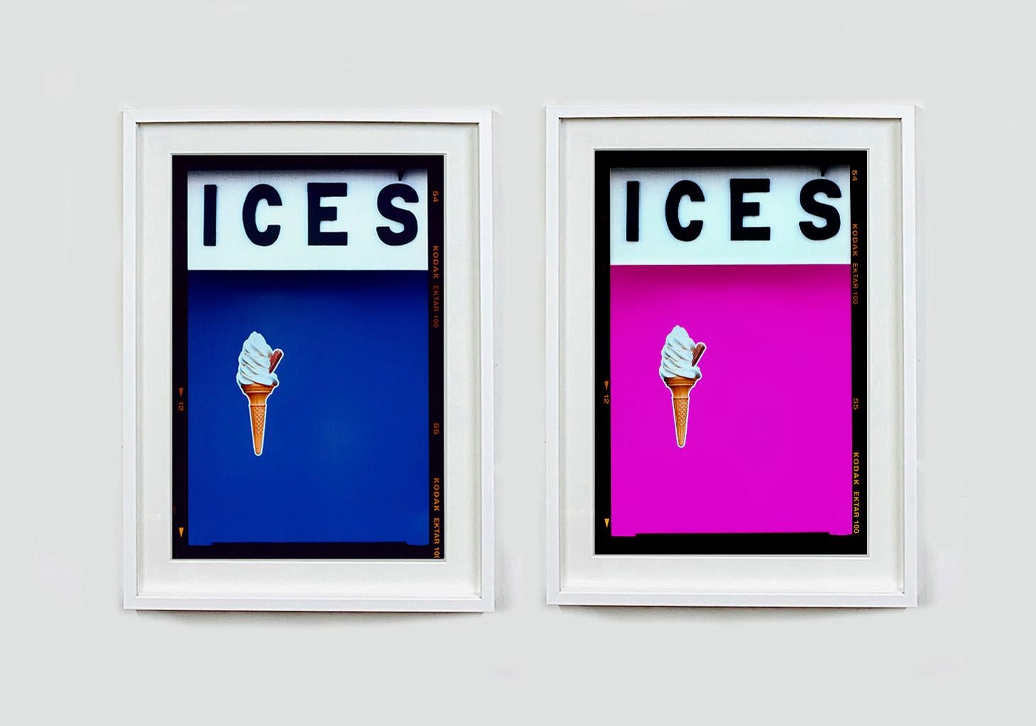 ICES, by Richard Heeps, photographed at the British Seaside at the end of summer 2020. This artwork is about evoking memories of the simple joy of days by the beach. The bold color blocking, typography and the surreal twist of the suspended ice