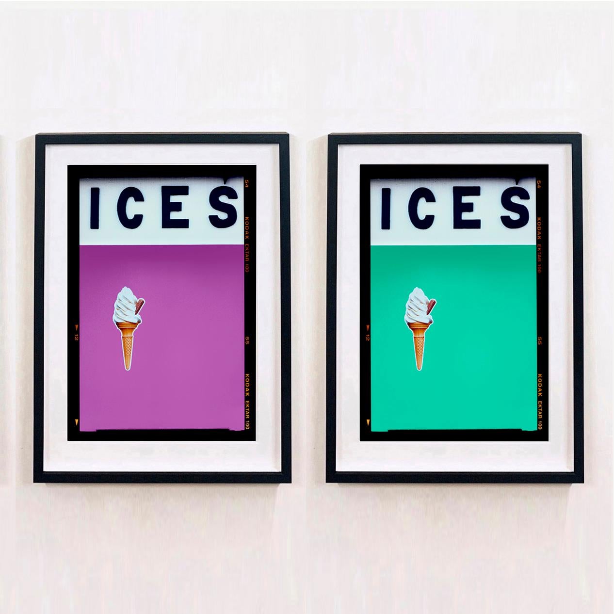 ICES, by Richard Heeps, photographed at the British Seaside at the end of summer 2020. This artwork is about evoking memories of the simple joy of days by the beach. The plum purple color blocking, typography and the surreal twist of the suspended