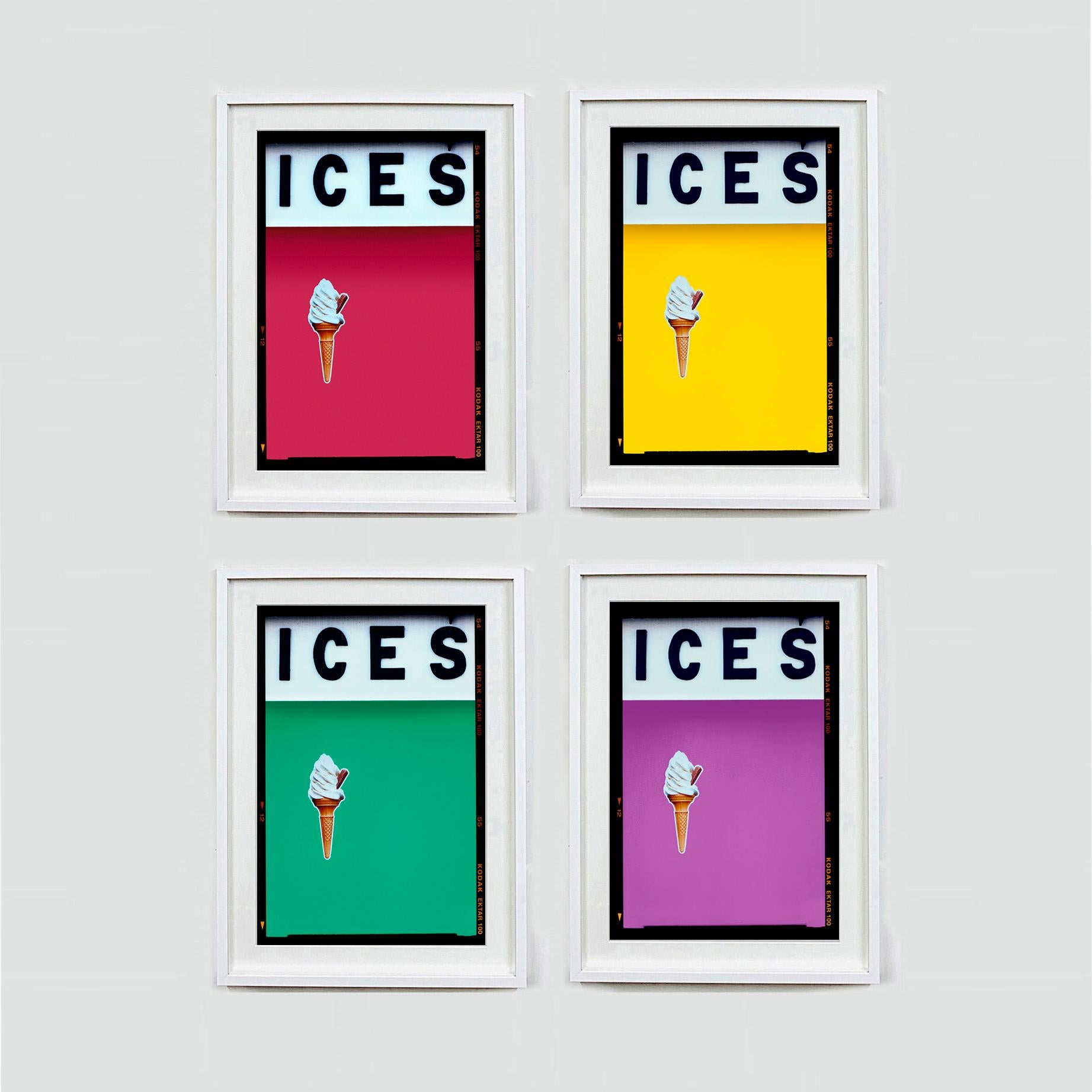 ICES, by Richard Heeps, photographed at the British Seaside at the end of summer 2020. This artwork is about evoking memories of the simple joy of days by the beach. The plum purple color blocking, typography and the surreal twist of the suspended