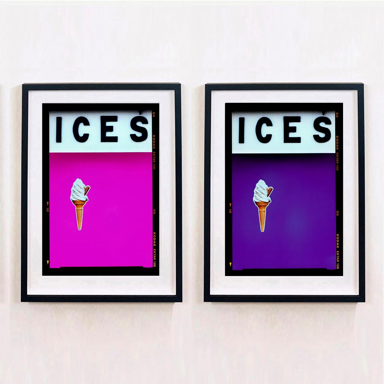 ICES, by Richard Heeps, photographed at the British Seaside at the end of summer 2020. This artwork is about evoking memories of the simple joy of days by the beach. The purple color blocking, typography and the surreal twist of the suspended ice