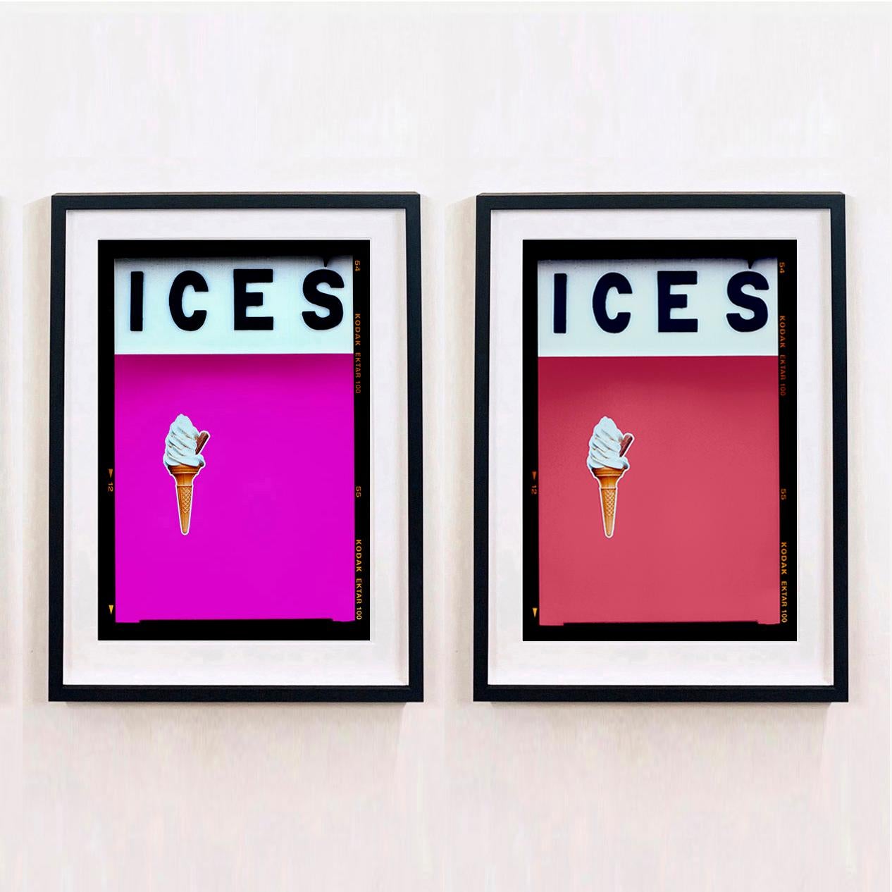 ICES, by Richard Heeps, photographed at the British Seaside at the end of summer 2020. This artwork is about evoking memories of the simple joy of days by the beach. The raspberry pink color blocking, typography and the surreal twist of the