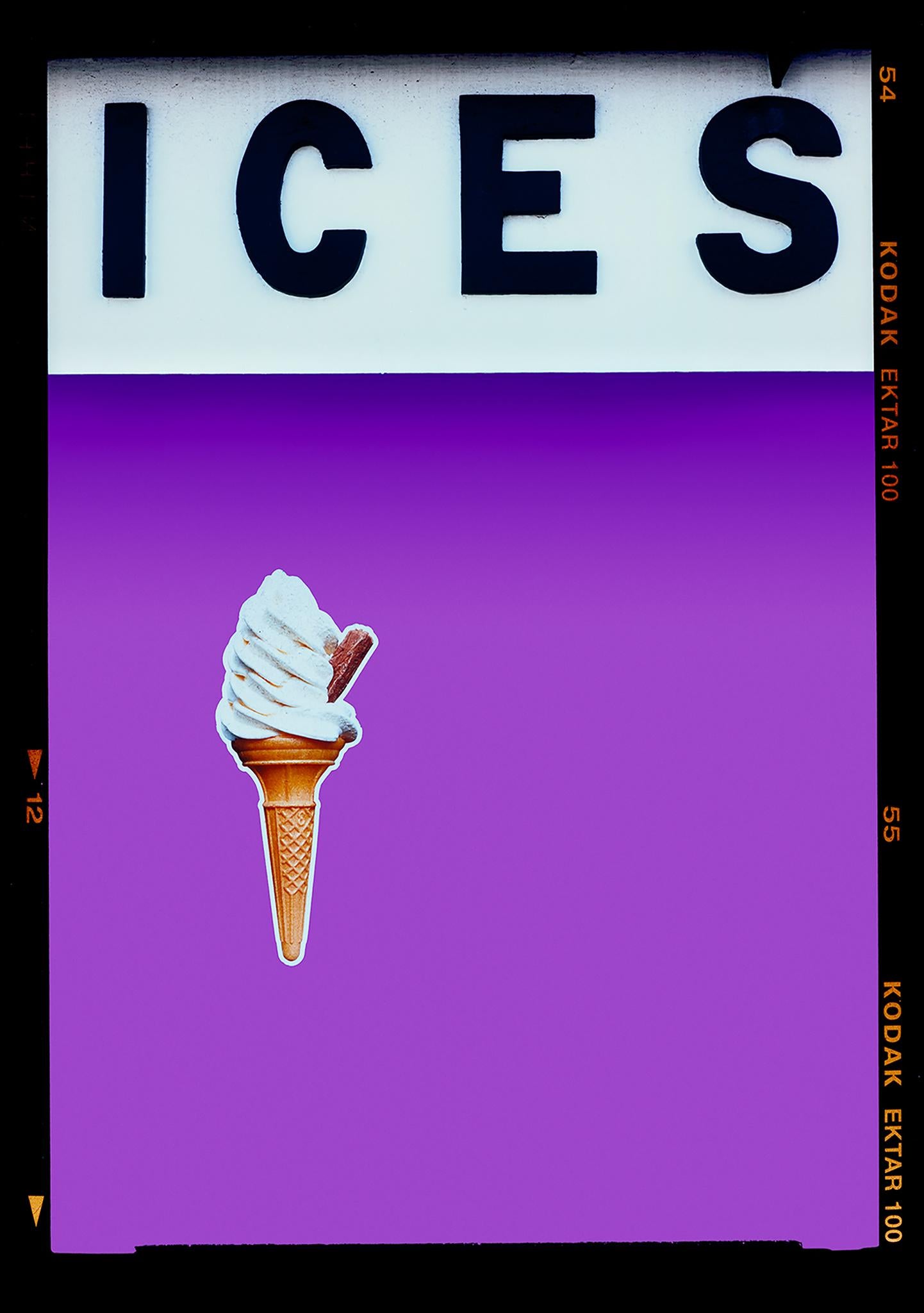 ICES Viridian Green, Lilac Purple and Melondrama Coral Orange, bold colour blocking pop art street photography from Richard Heeps series, On-Sea.
Created as an ode to childhood visits to grandparents living on the Sussex coast, the artwork tells the