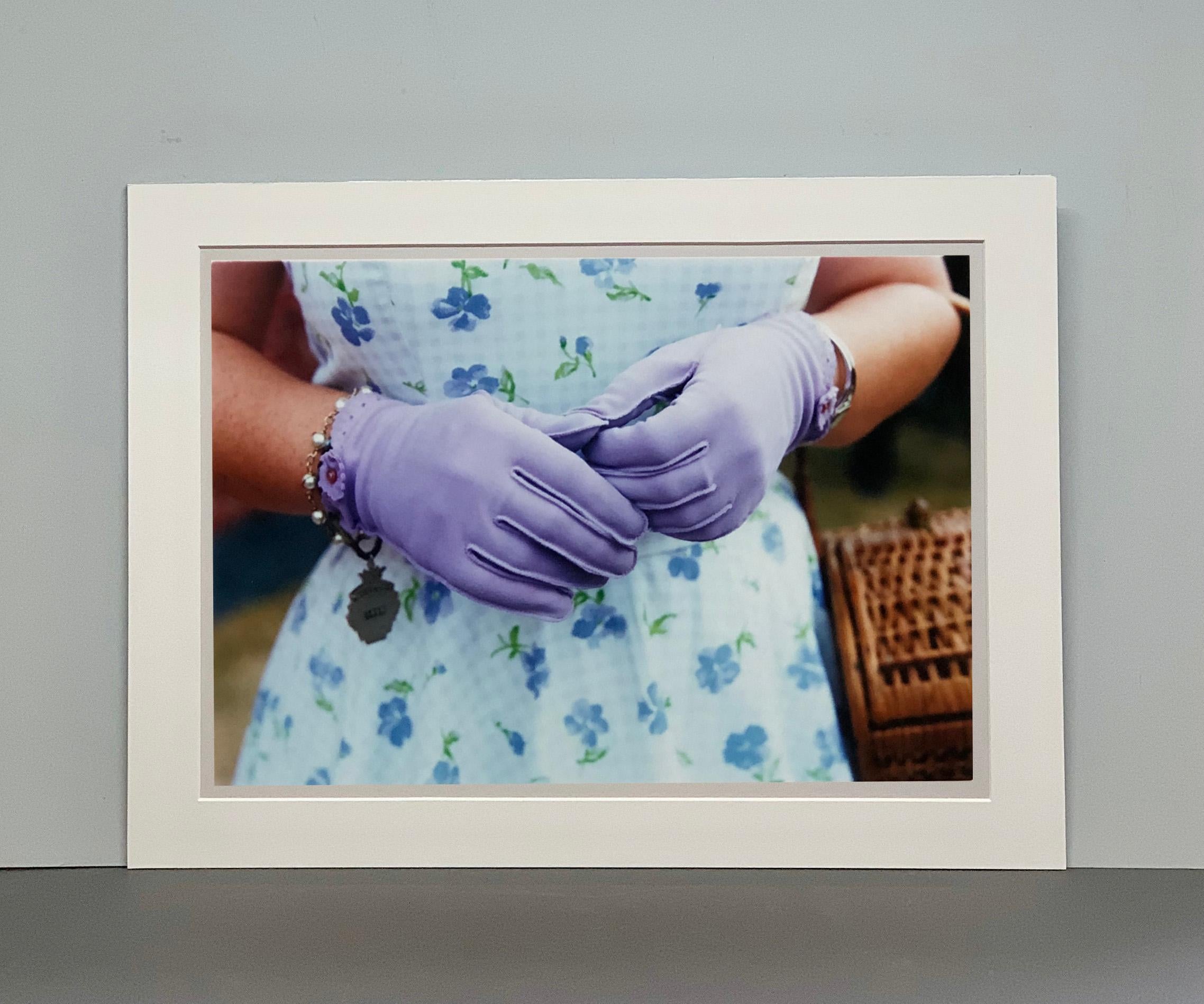 Lilac Gloves, Goodwood, Chichester - Feminine fashion, color photography - Gray Figurative Photograph by Richard Heeps