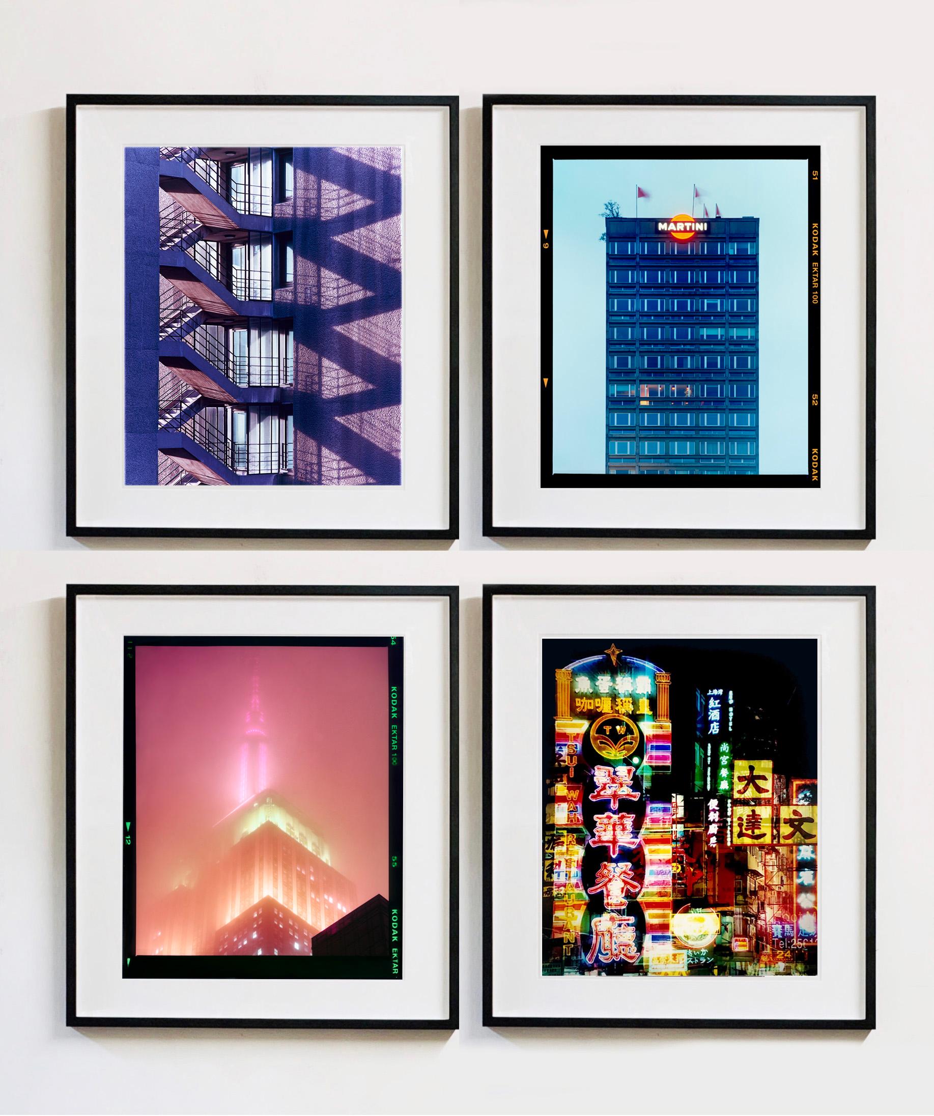 Set of four framed artworks, architecture street photography of the iconic cities London, Milan, New York and Hong Kong. The artworks are typical of Richard Heeps approach to represent the fabric of a place. They are rich in colour and detail,