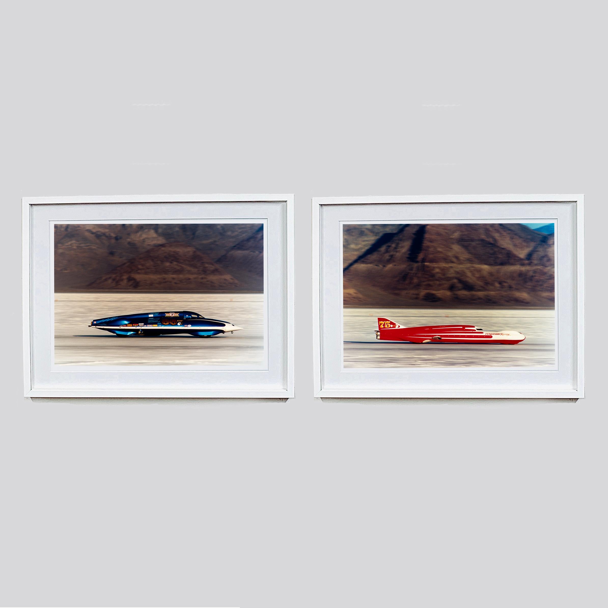 LSR Racing Streamliner, photograph taken in the iconic home of speed, Bonneville Salt Flats, just as the mountains contrast with the flatness, Richard Heeps captured this blue racing car at high speed contrasting with the still effect of the