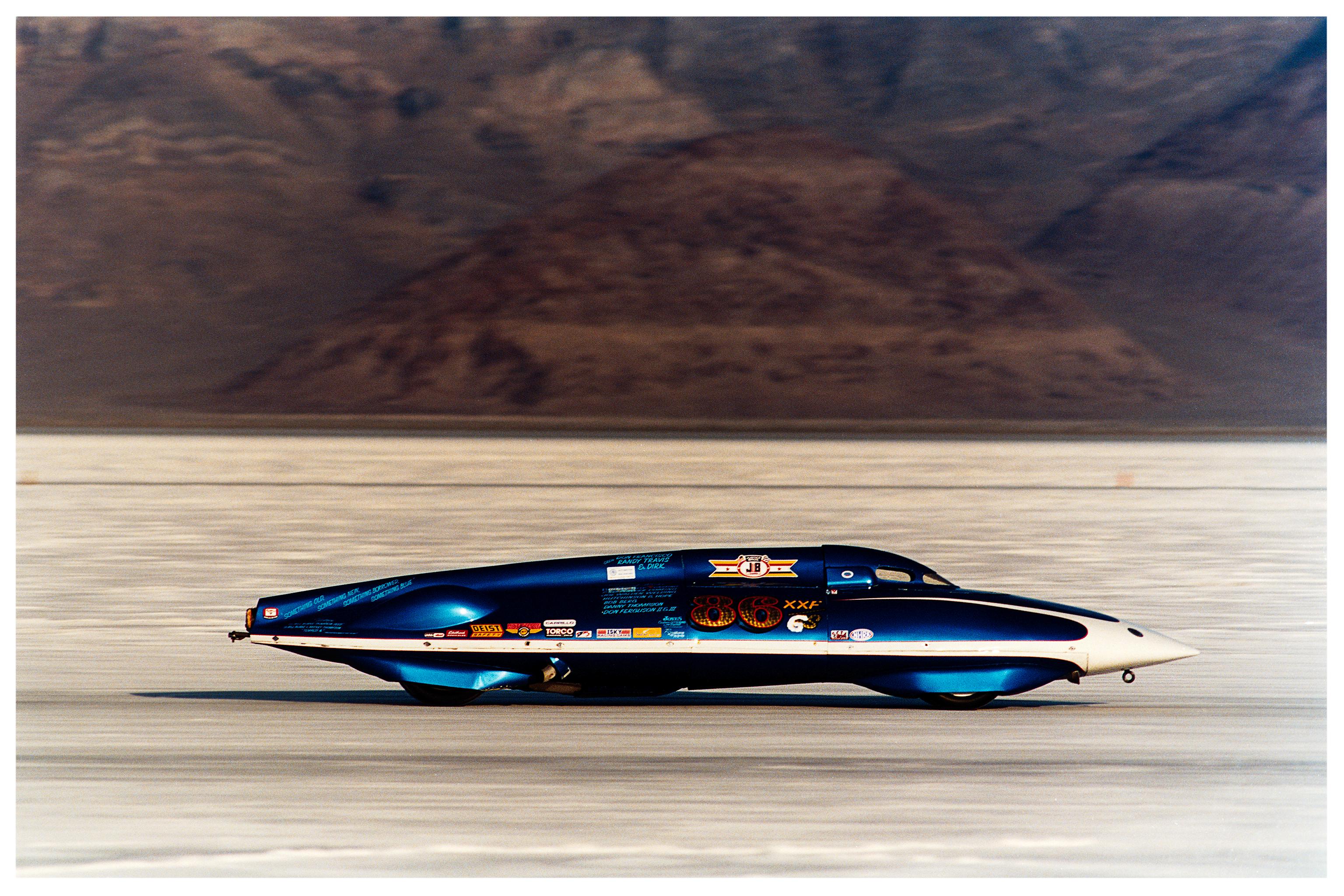 Richard Heeps Landscape Photograph - LSR Racing Streamliner, Bonneville, Utah - American Landscape Car Photo