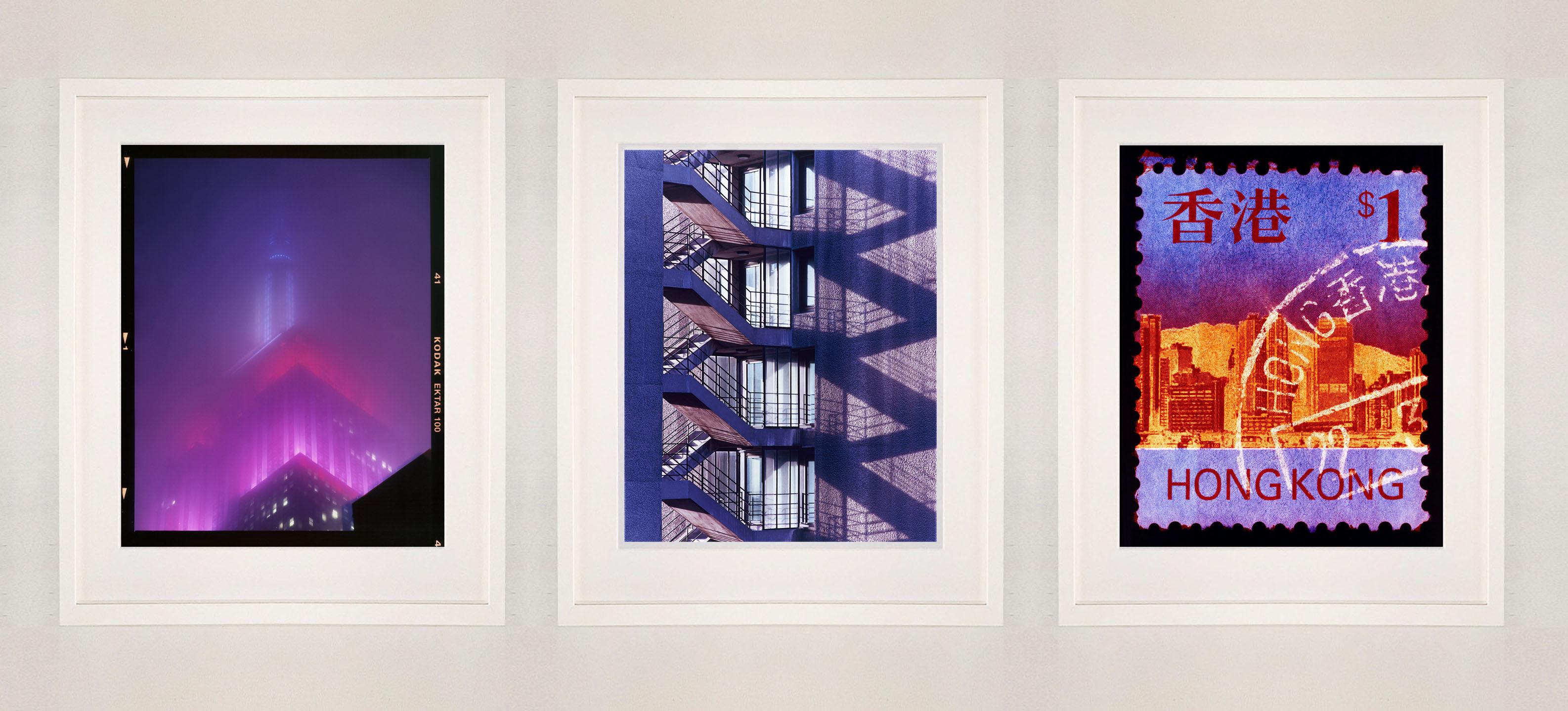 New York, London, Hong Kong Set of Three Framed Purple Photographic Artworks - Print by Richard Heeps