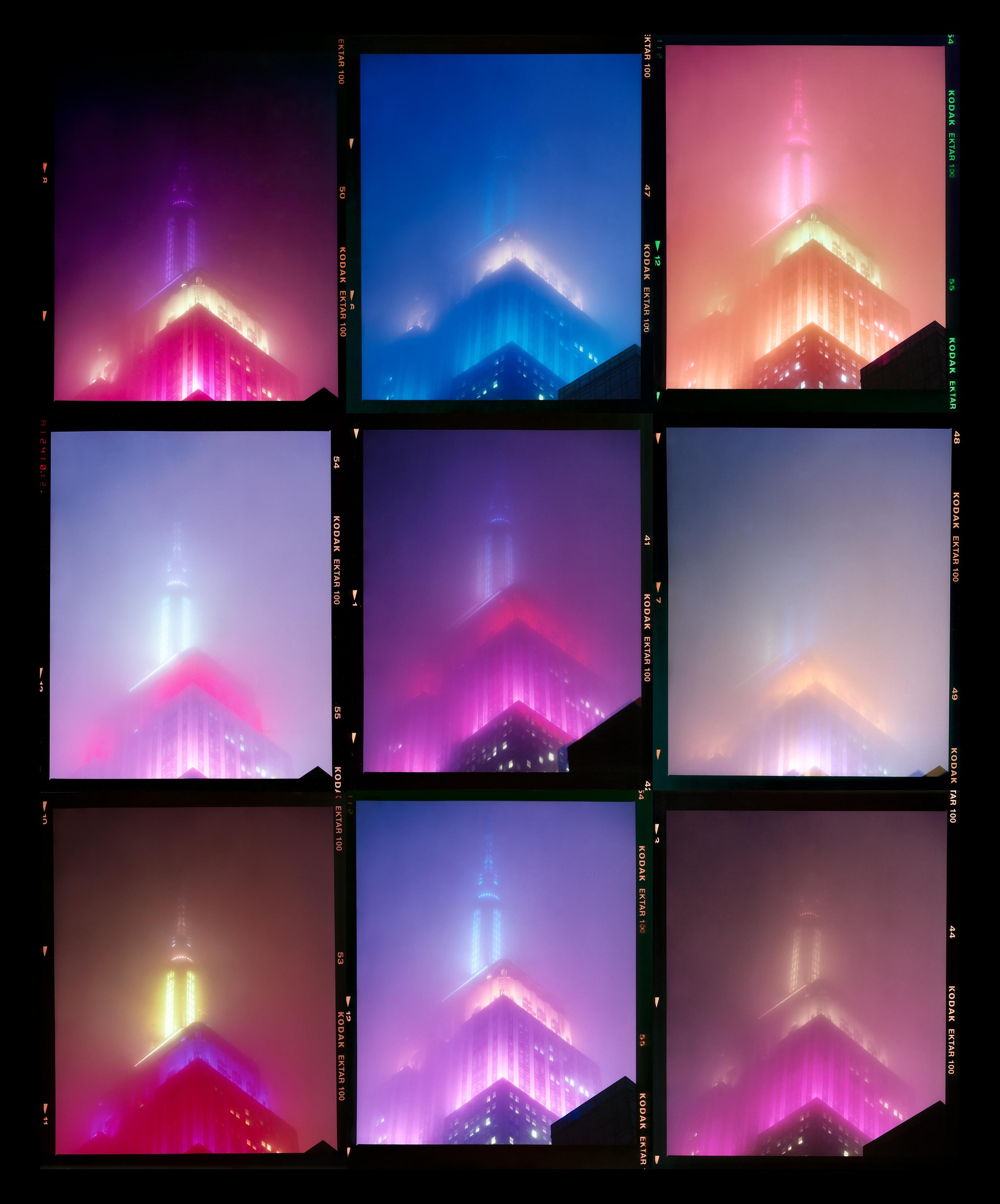 NOMAD, New York, photography by Richard Heeps capturing the iconic Empire State building in the mist as part of his series The Streets of New York. A sequence of photographs capturing the art deco architecture illuminated in changing colours.  This